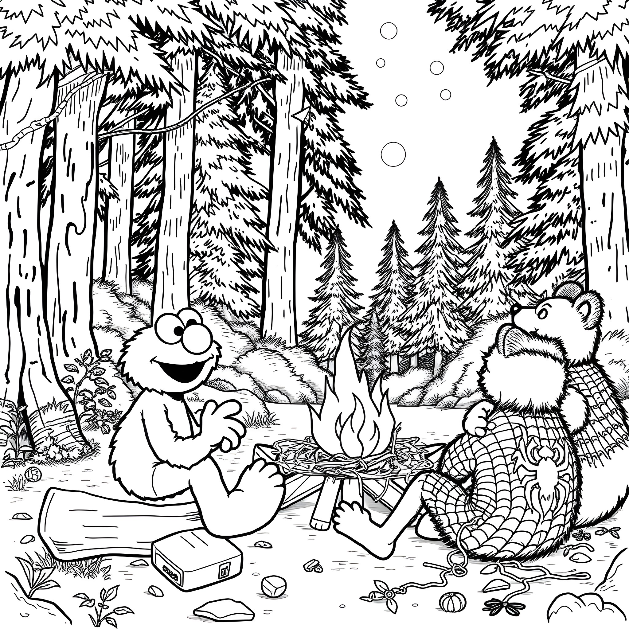 Elmo and Friends Enjoying a Cozy Campfire in the Forest Coloring Page (free black-and-white line drawing printable PDF for all, from beginners to advanced learners, including children, teens, adults, and seniors)