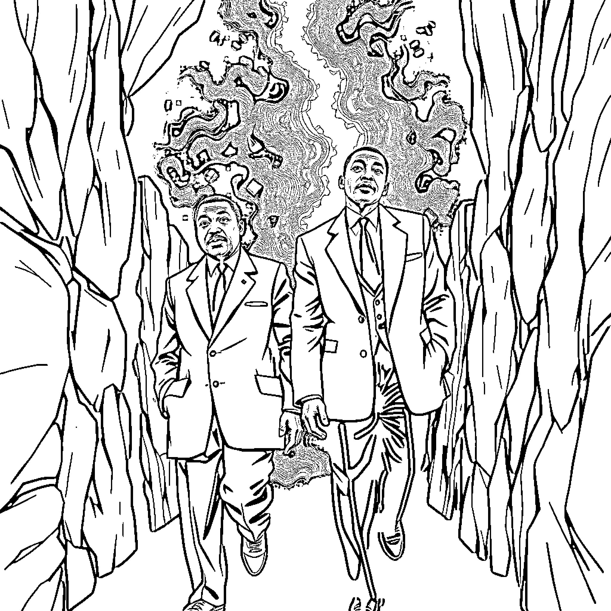Martin Luther King and companion walking through abstract landscape Coloring Page (free black-and-white line drawing printable PDF for all, from beginners to advanced learners, including children, teens, adults, and seniors)