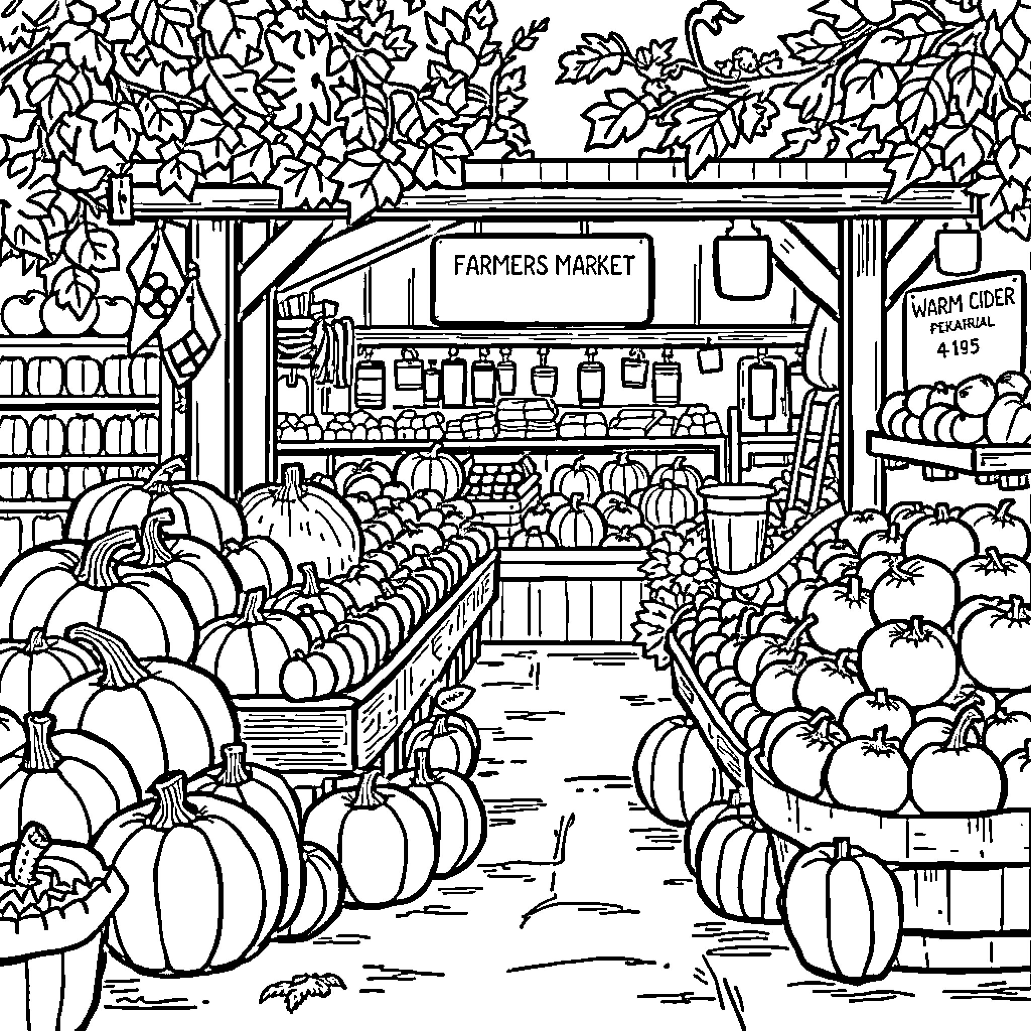 Farmers Market with Seasonal Produce and Goods Coloring Page (free black-and-white line drawing printable PDF for all, from beginners to advanced learners, including children, teens, adults, and seniors)