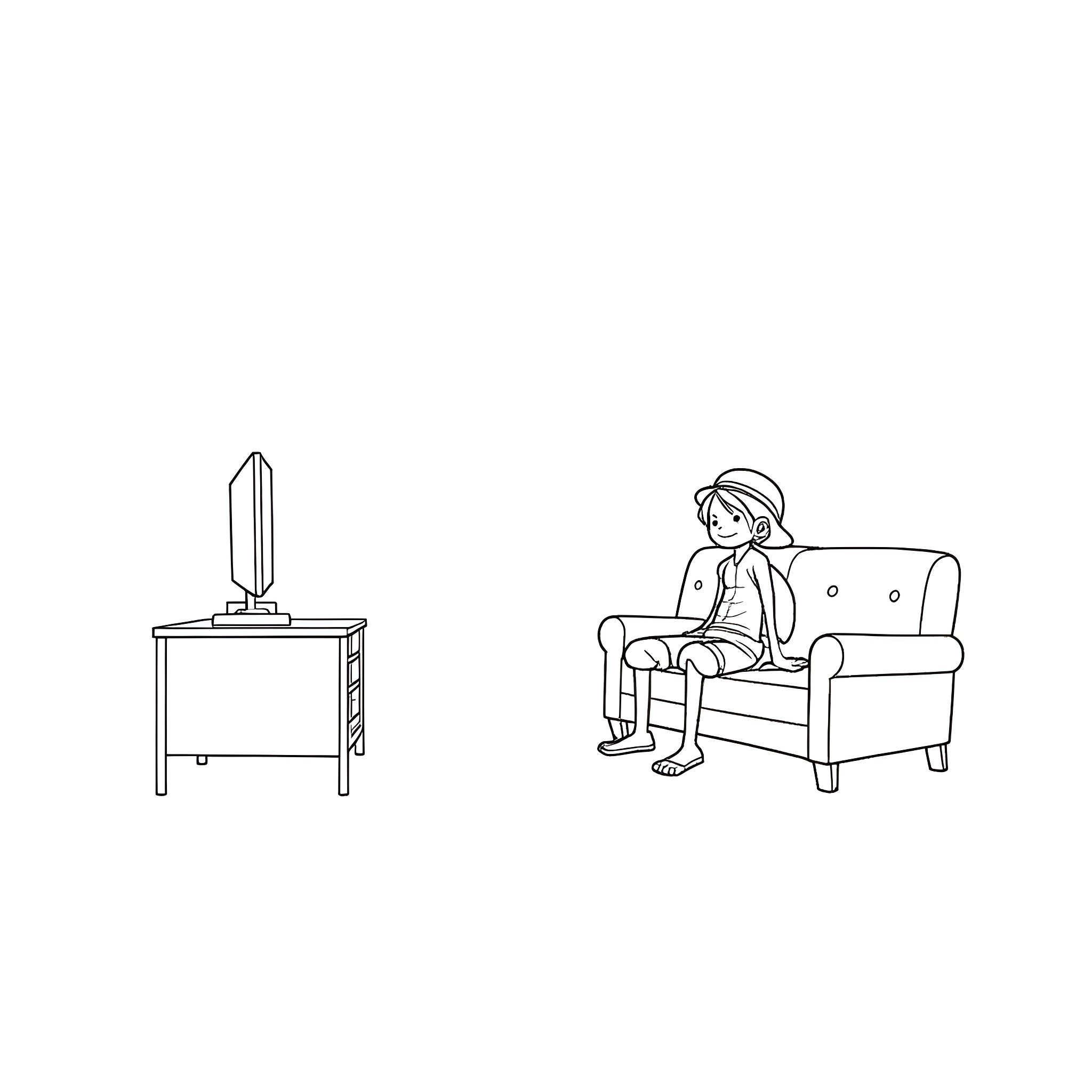 Monkey D Luffy relaxing on the couch Coloring Page (free black-and-white line drawing printable PDF for all, from beginners to advanced learners, including children, teens, adults, and seniors)
