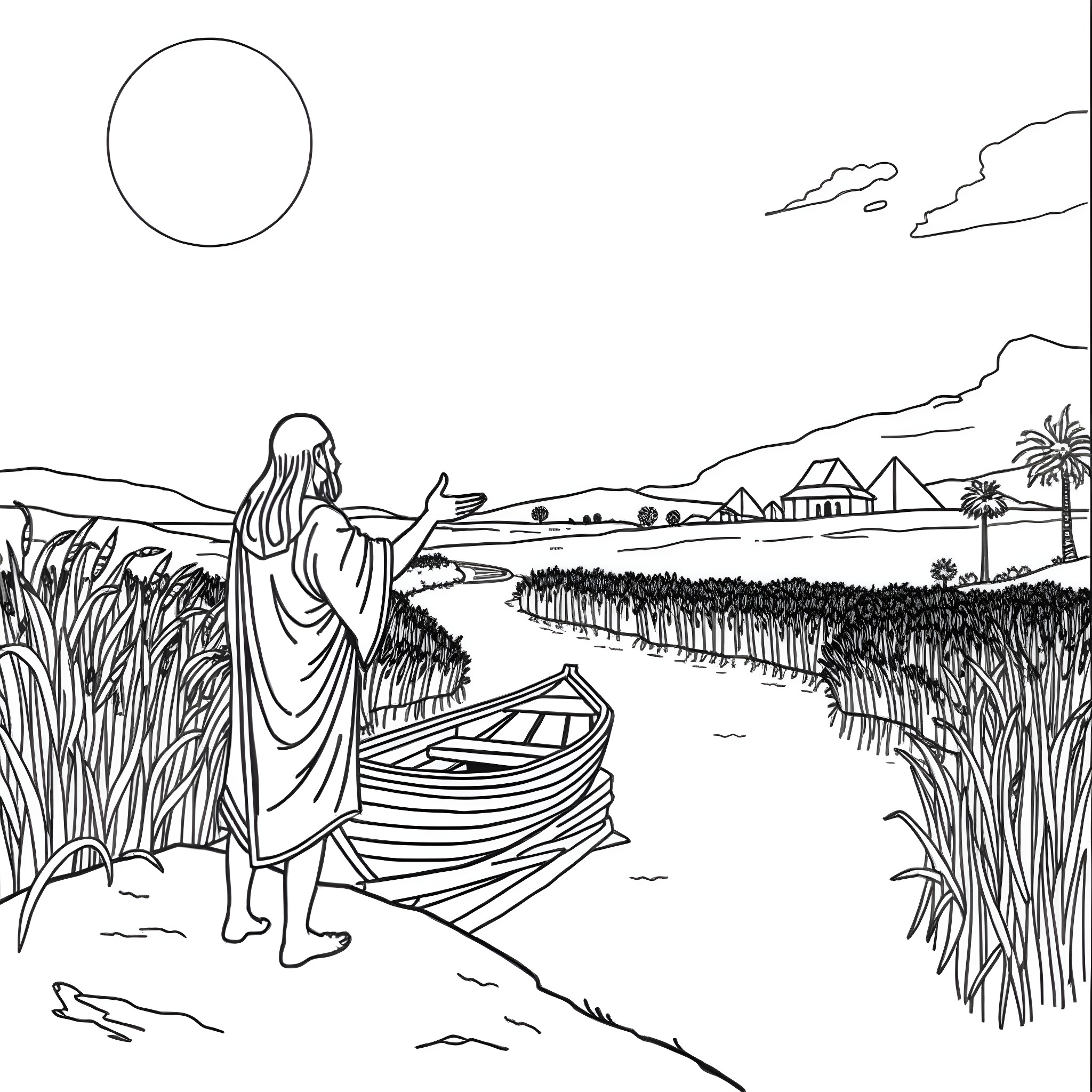 Person standing alone in a scenic countryside landscape Coloring Page (free black-and-white line drawing printable PDF for all, from beginners to advanced learners, including children, teens, adults, and seniors)