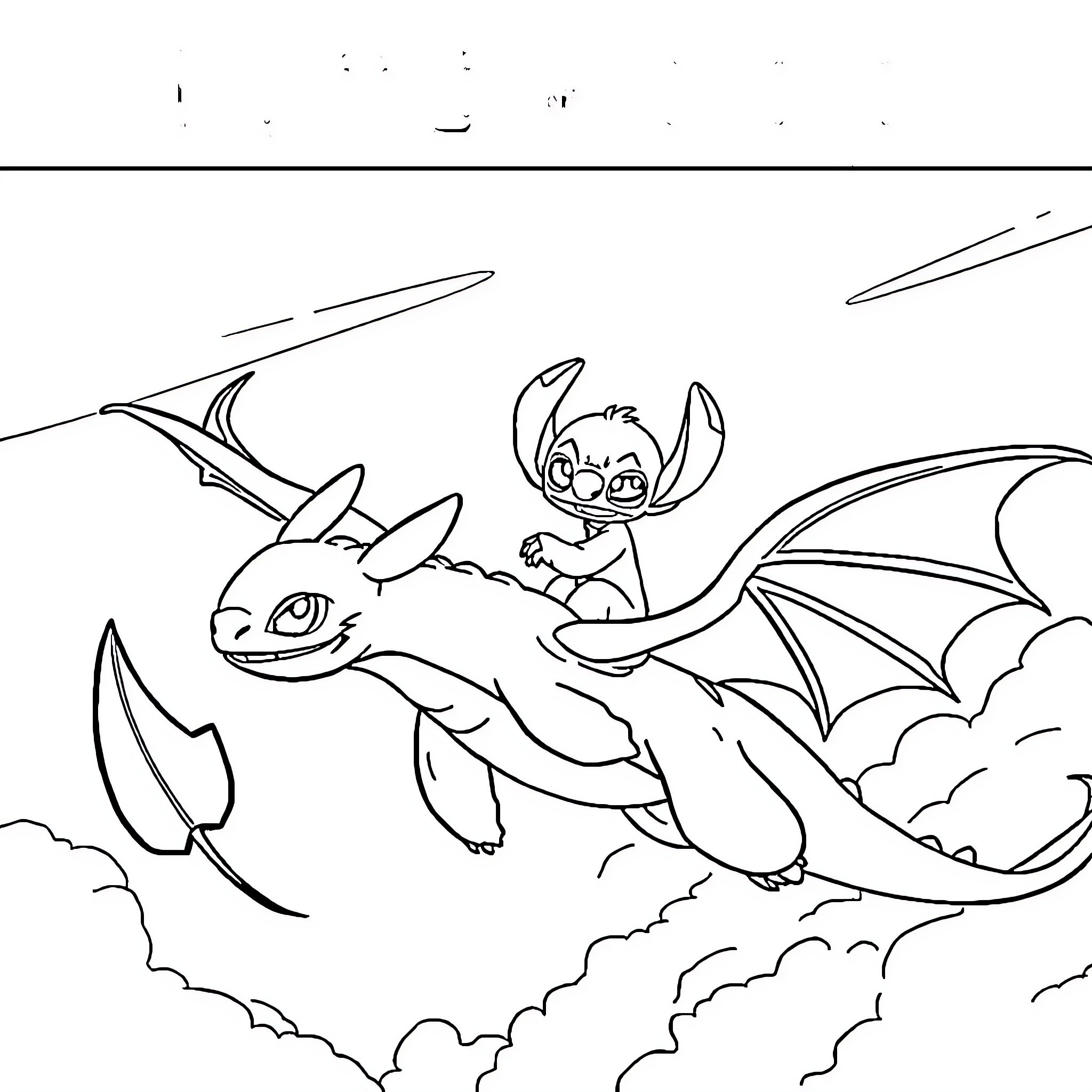 Stitch riding a dragon through the sky Coloring Page (free black-and-white line drawing printable PDF for all, from beginners to advanced learners, including children, teens, adults, and seniors)