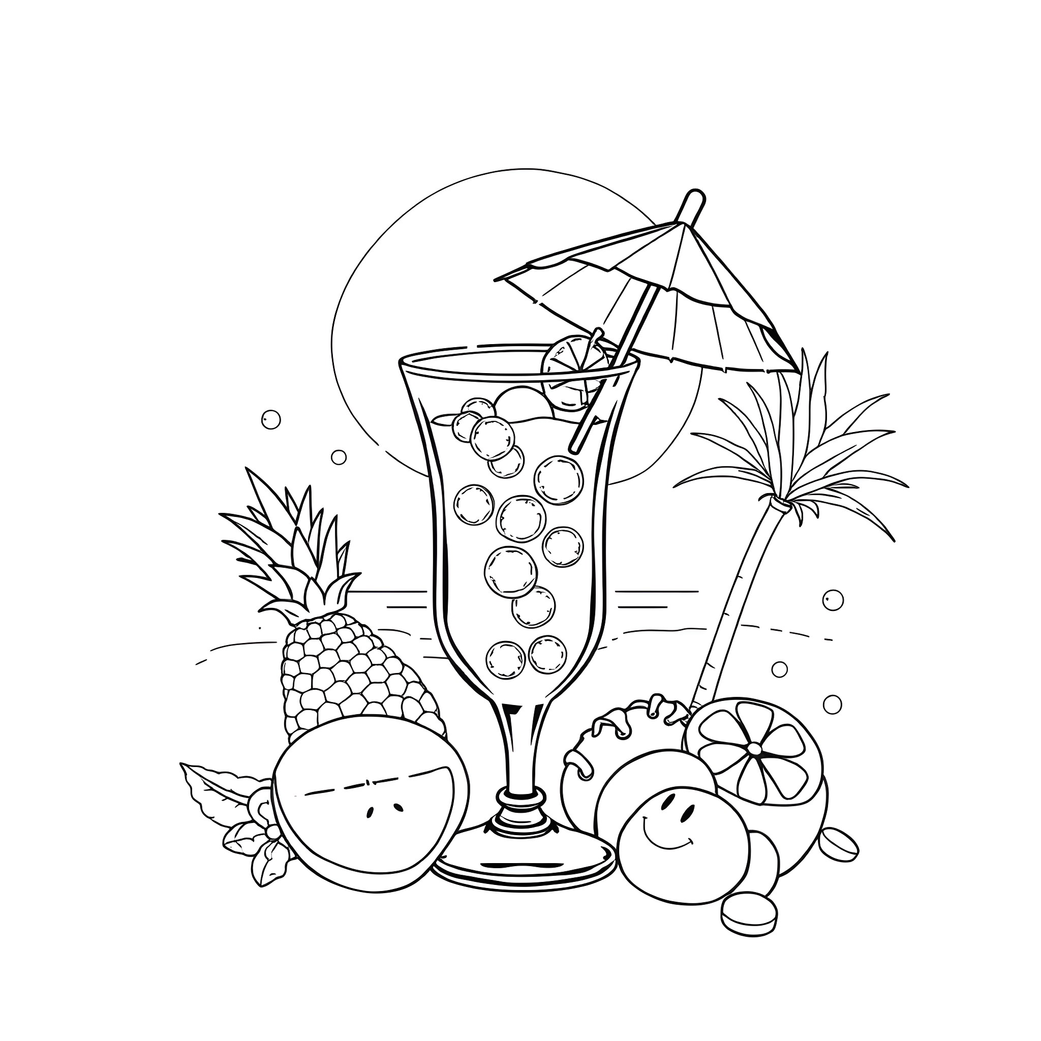 Umbrella Drink with Tropical Fruits Coloring Page (free black-and-white line drawing printable PDF for all, from beginners to advanced learners, including children, teens, adults, and seniors)