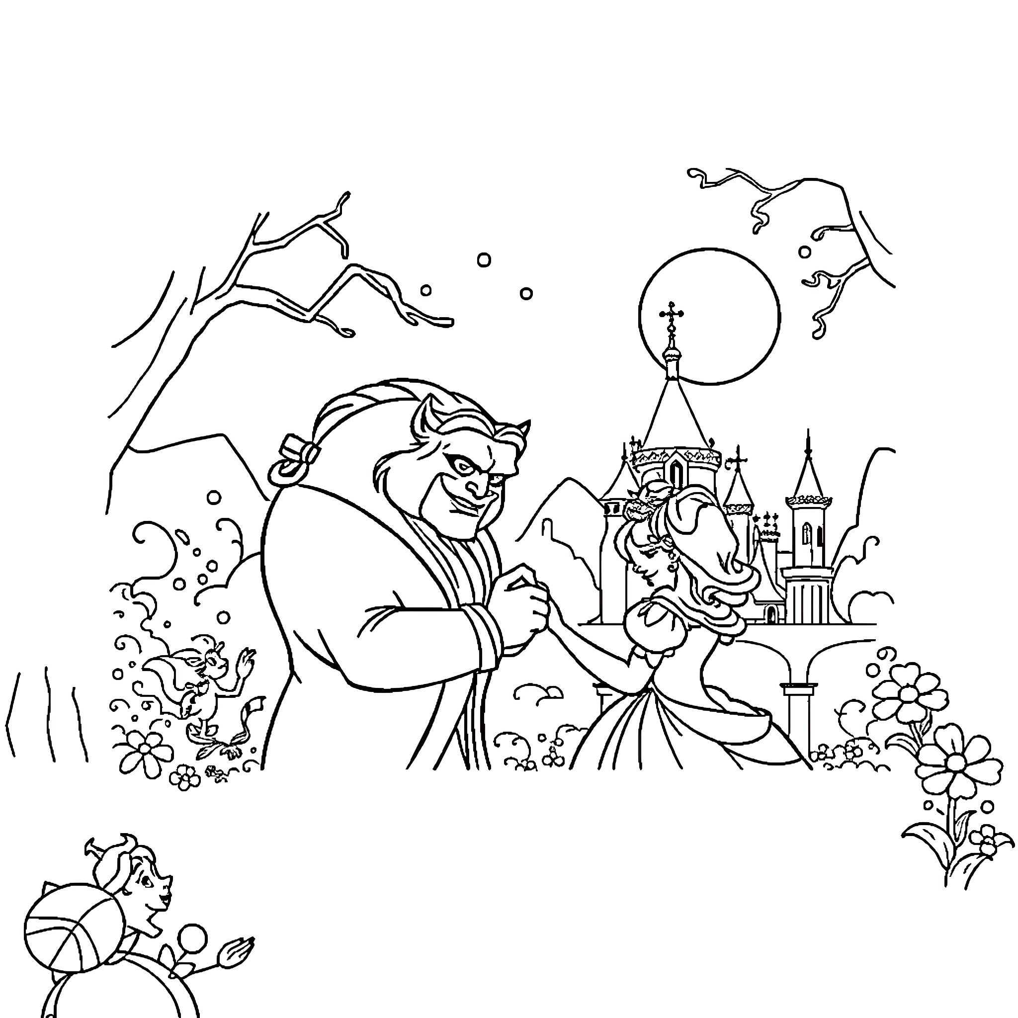 Beauty And The Beast Dancing In The Enchanted Castle Coloring Page (free black-and-white line drawing printable PDF for all, from beginners to advanced learners, including children, teens, adults, and seniors)