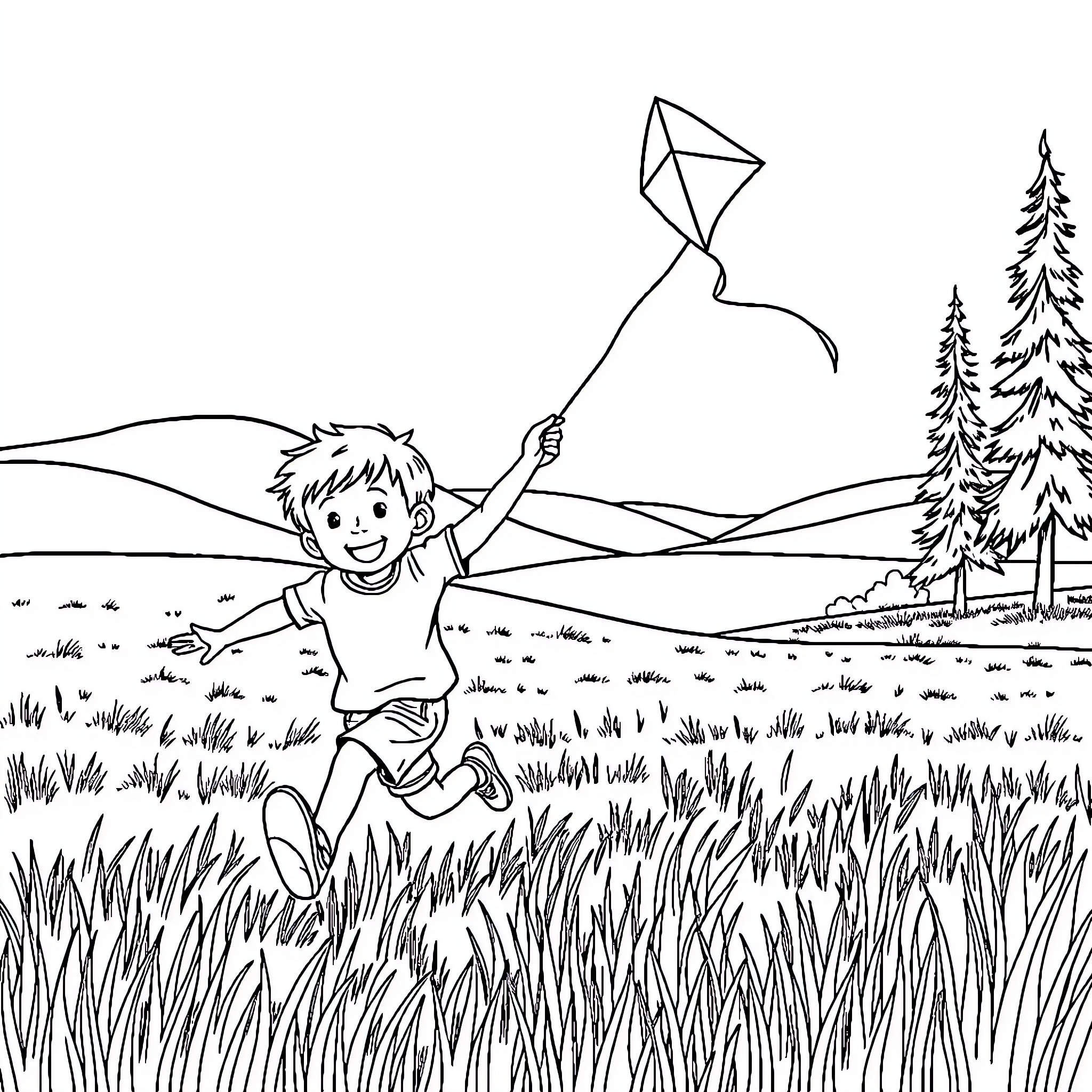 Kid flying kite in the countryside Coloring Page (free black-and-white line drawing printable PDF for all, from beginners to advanced learners, including children, teens, adults, and seniors)