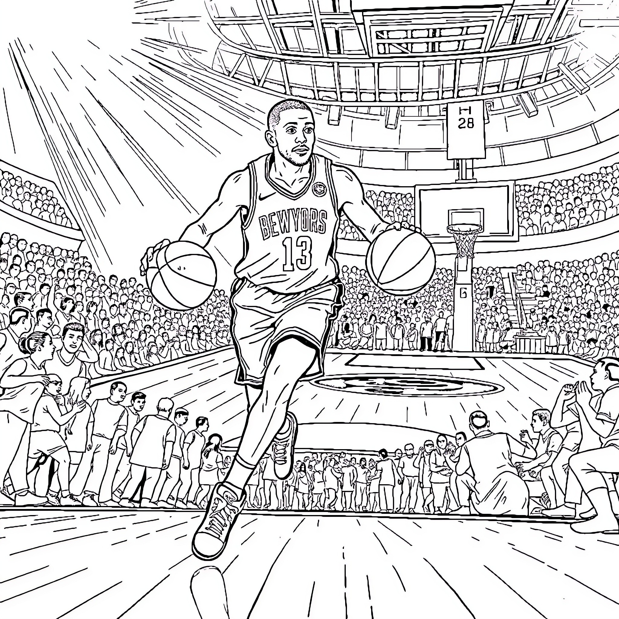 NBA Player Dribbling Basketball on Court Coloring Page (free black-and-white line drawing printable PDF for all, from beginners to advanced learners, including children, teens, adults, and seniors)