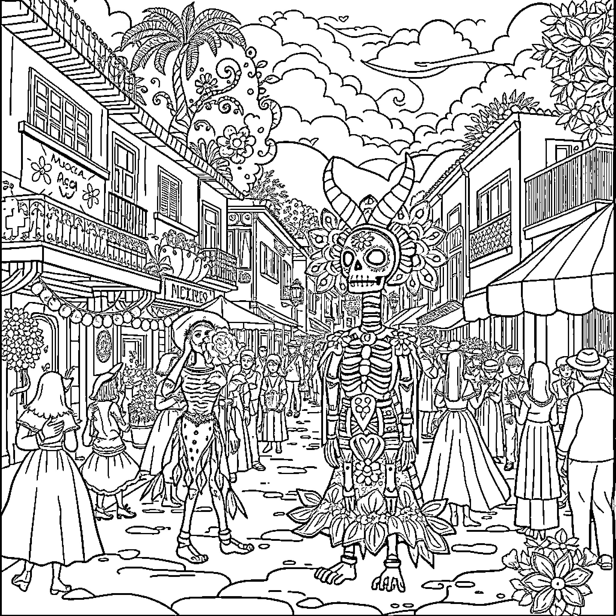 Alebrije Figures in a Vibrant Festival Scene Coloring Page (free black-and-white line drawing printable PDF for all, from beginners to advanced learners, including children, teens, adults, and seniors)