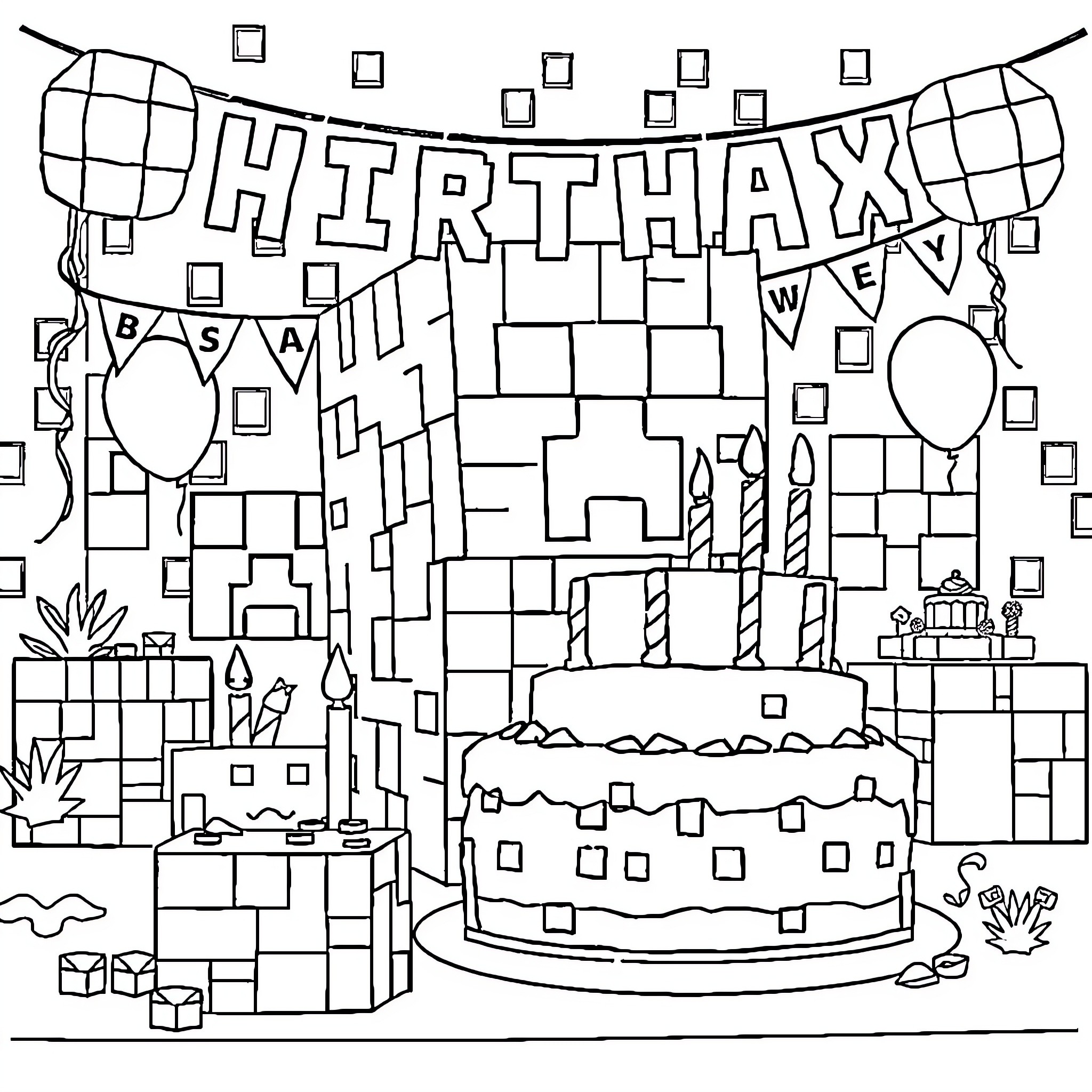Creeper celebrating a birthday party Coloring Page (free black-and-white line drawing printable PDF for all, from beginners to advanced learners, including children, teens, adults, and seniors)