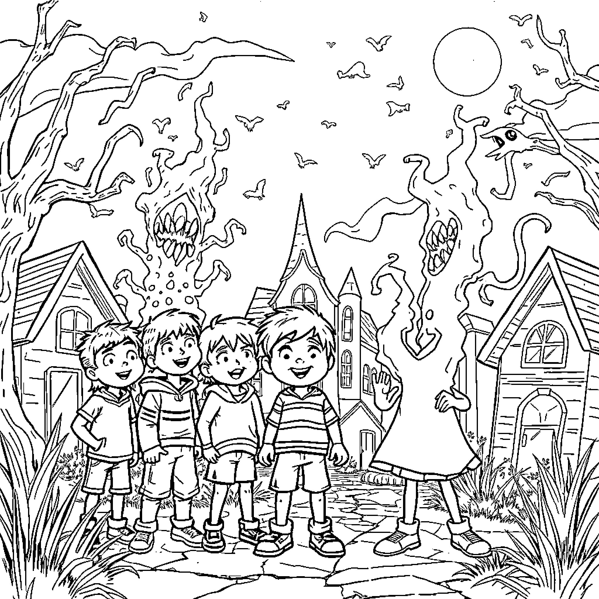 Stranger Things: Kids Facing Supernatural Phenomena Coloring Page (free black-and-white line drawing printable PDF for all, from beginners to advanced learners, including children, teens, adults, and seniors)