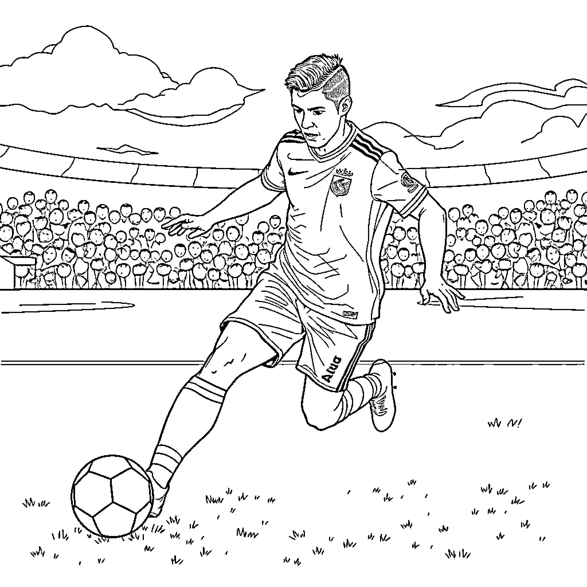 Ronaldo running and dribbling a soccer ball on the field Coloring Page (free black-and-white line drawing printable PDF for all, from beginners to advanced learners, including children, teens, adults, and seniors)