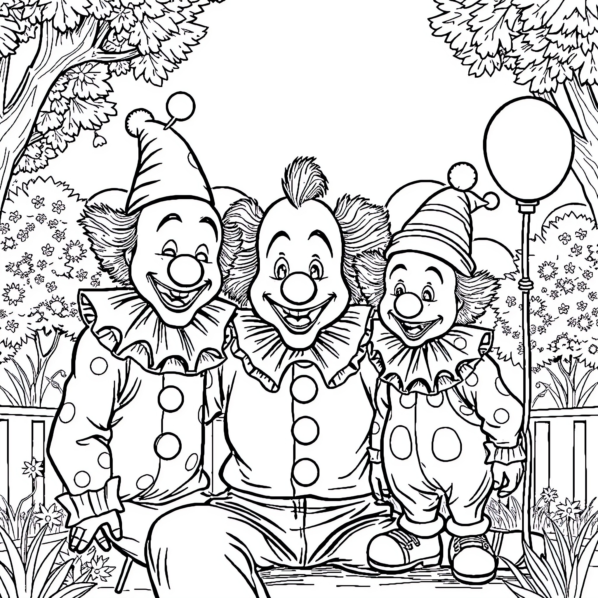 Clowns performing in a whimsical outdoor scene Coloring Page (free black-and-white line drawing printable PDF for all, from beginners to advanced learners, including children, teens, adults, and seniors)