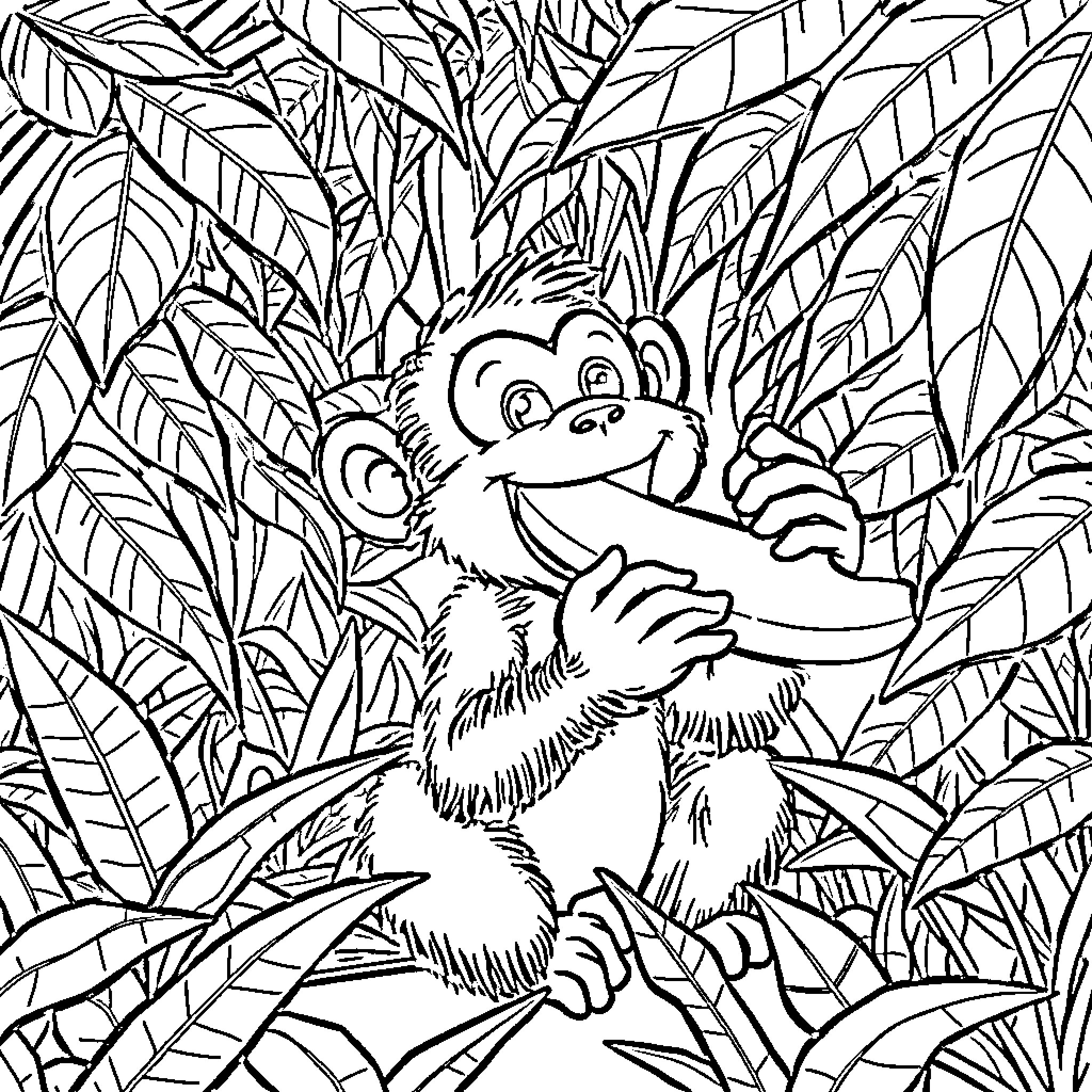 Monkey playfully exploring in the jungle Coloring Page (free black-and-white line drawing printable PDF for all, from beginners to advanced learners, including children, teens, adults, and seniors)