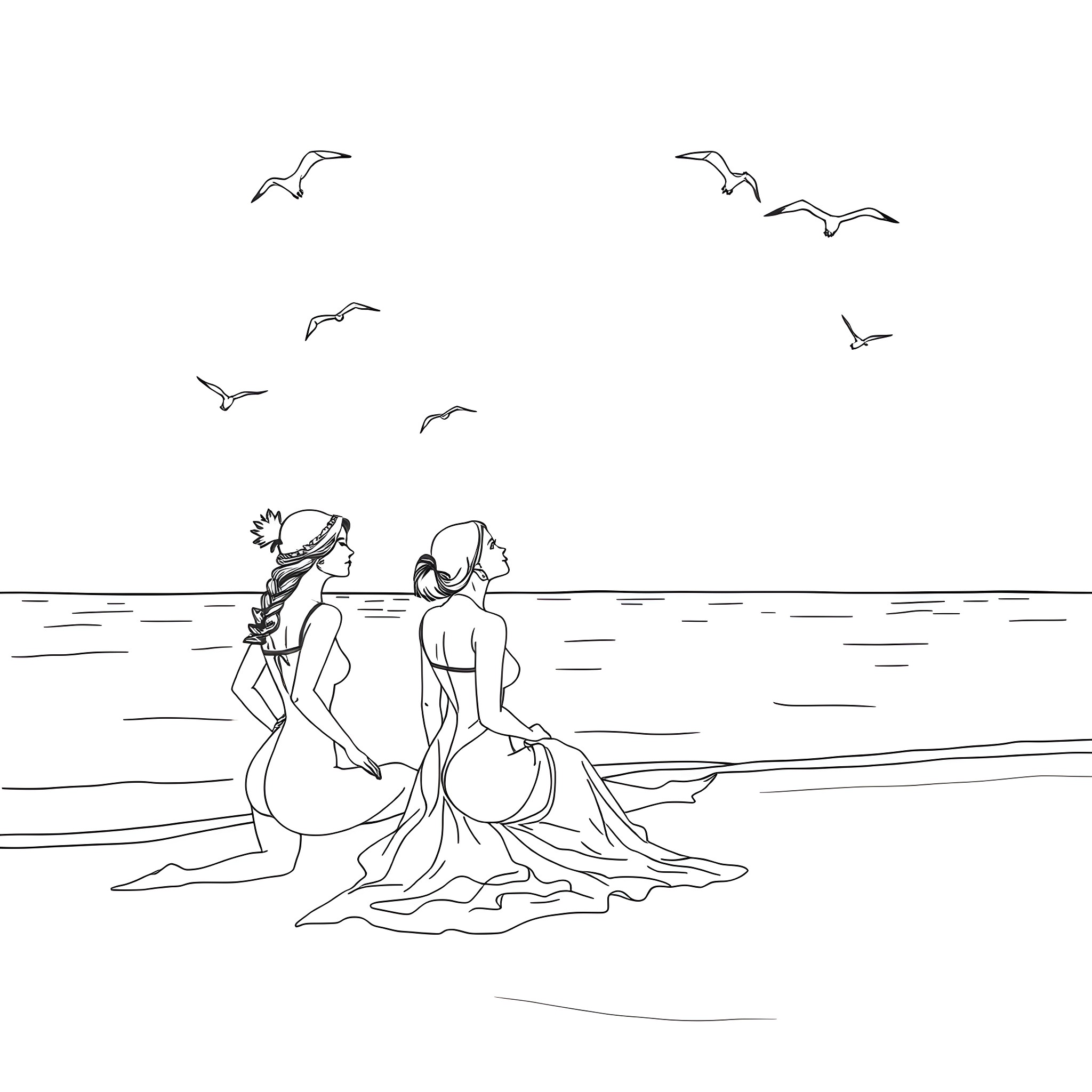 Women enjoying peaceful moment at the beach Coloring Page (free black-and-white line drawing printable PDF for all, from beginners to advanced learners, including children, teens, adults, and seniors)