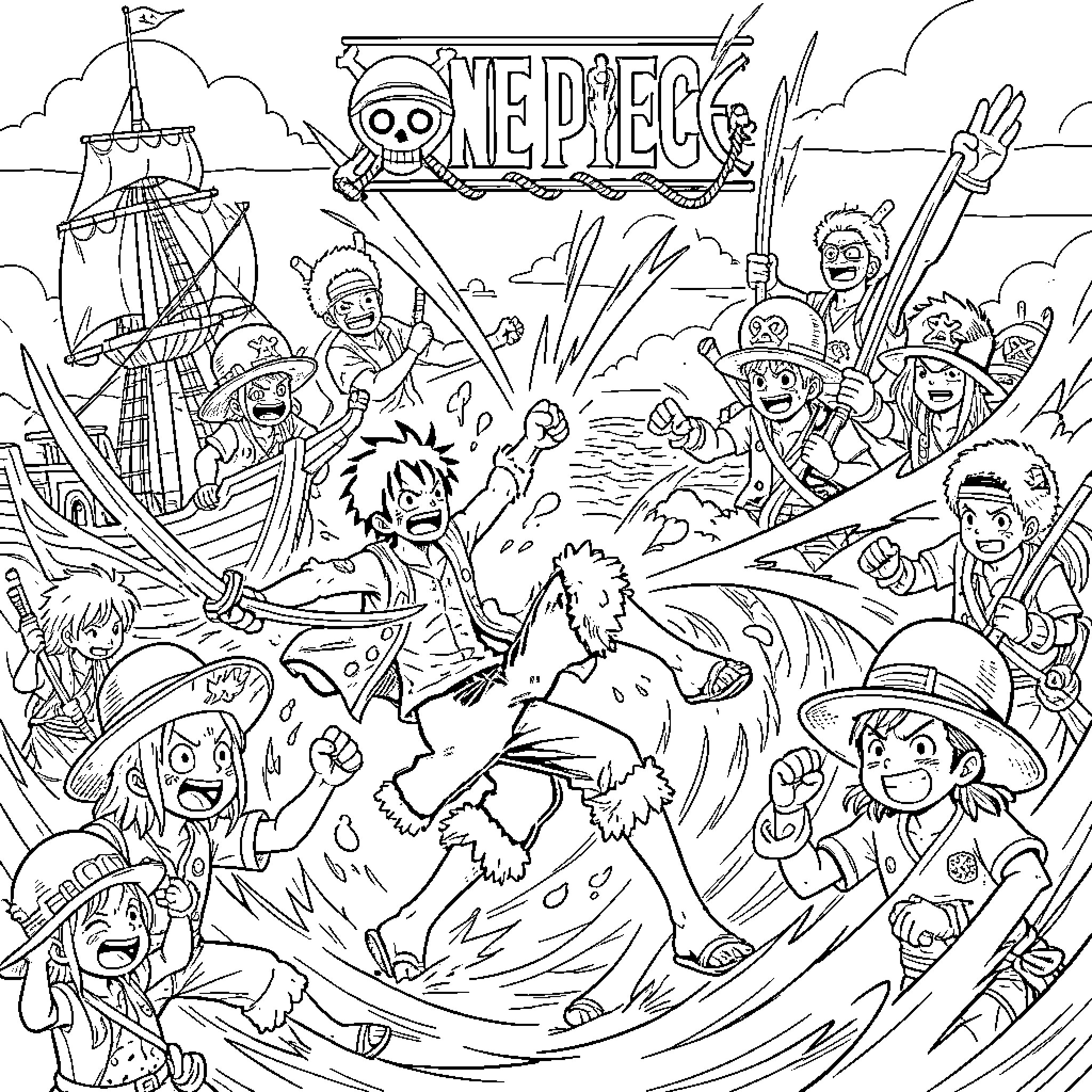 One Piece Characters in Epic Adventure Coloring Page (free black-and-white line drawing printable PDF for all, from beginners to advanced learners, including children, teens, adults, and seniors)