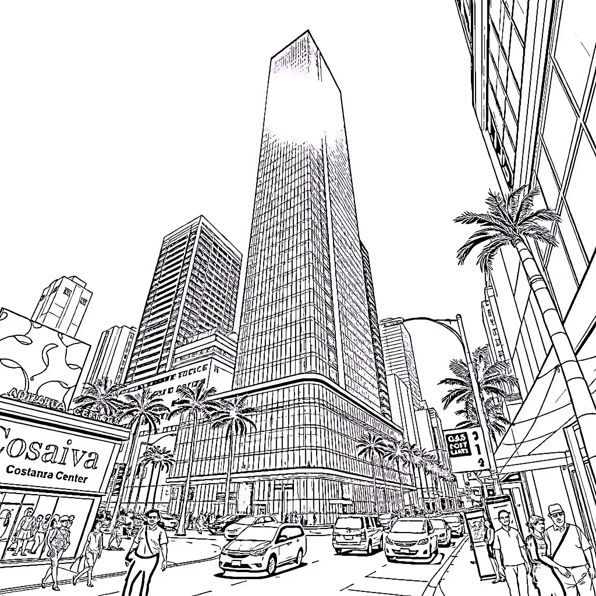 Costanera Center: Skyscrapers and Urban Life Coloring Page (free black-and-white line drawing printable PDF for all, from beginners to advanced learners, including children, teens, adults, and seniors)