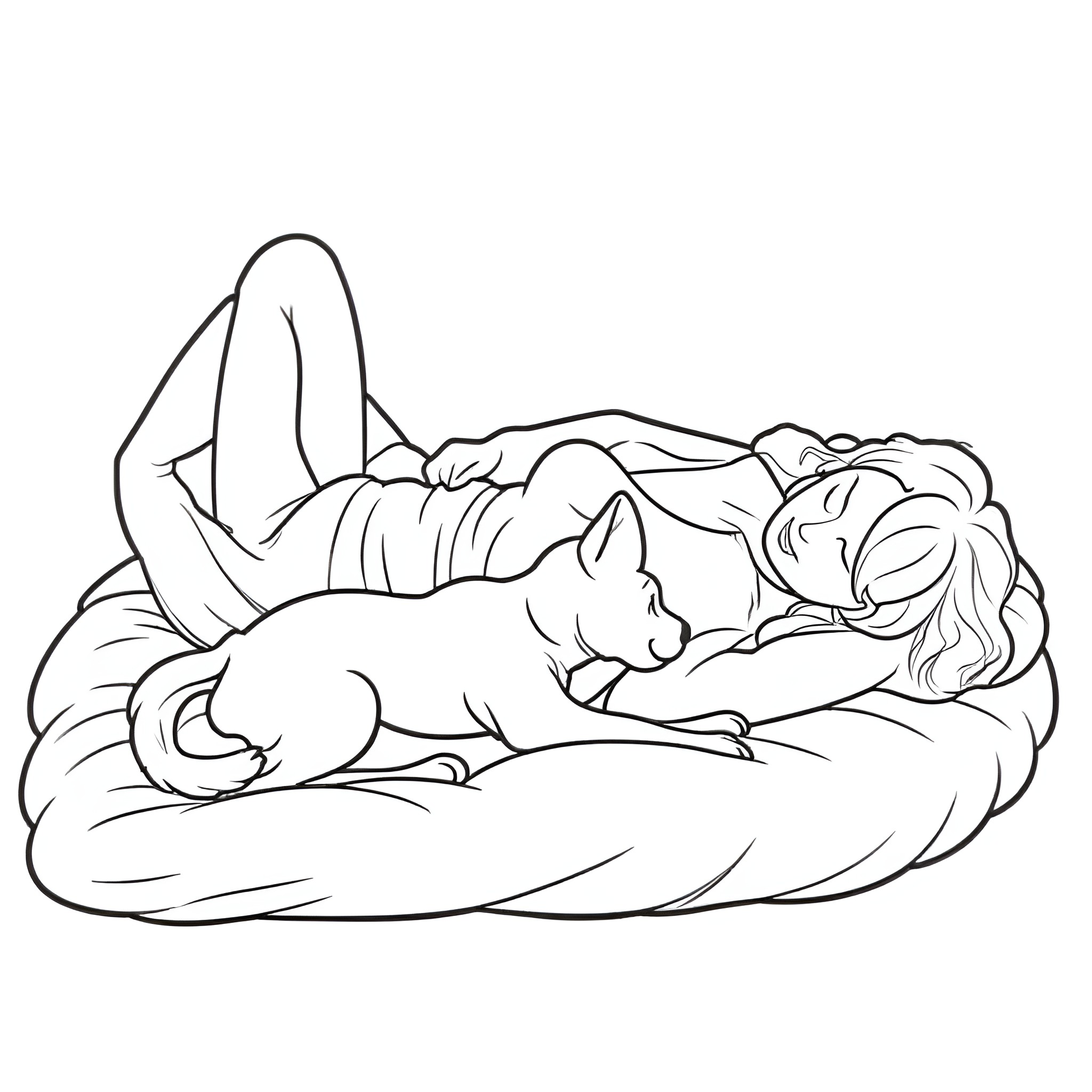 Dog sleeping peacefully on cozy bed Coloring Page (free black-and-white line drawing printable PDF for all, from beginners to advanced learners, including children, teens, adults, and seniors)