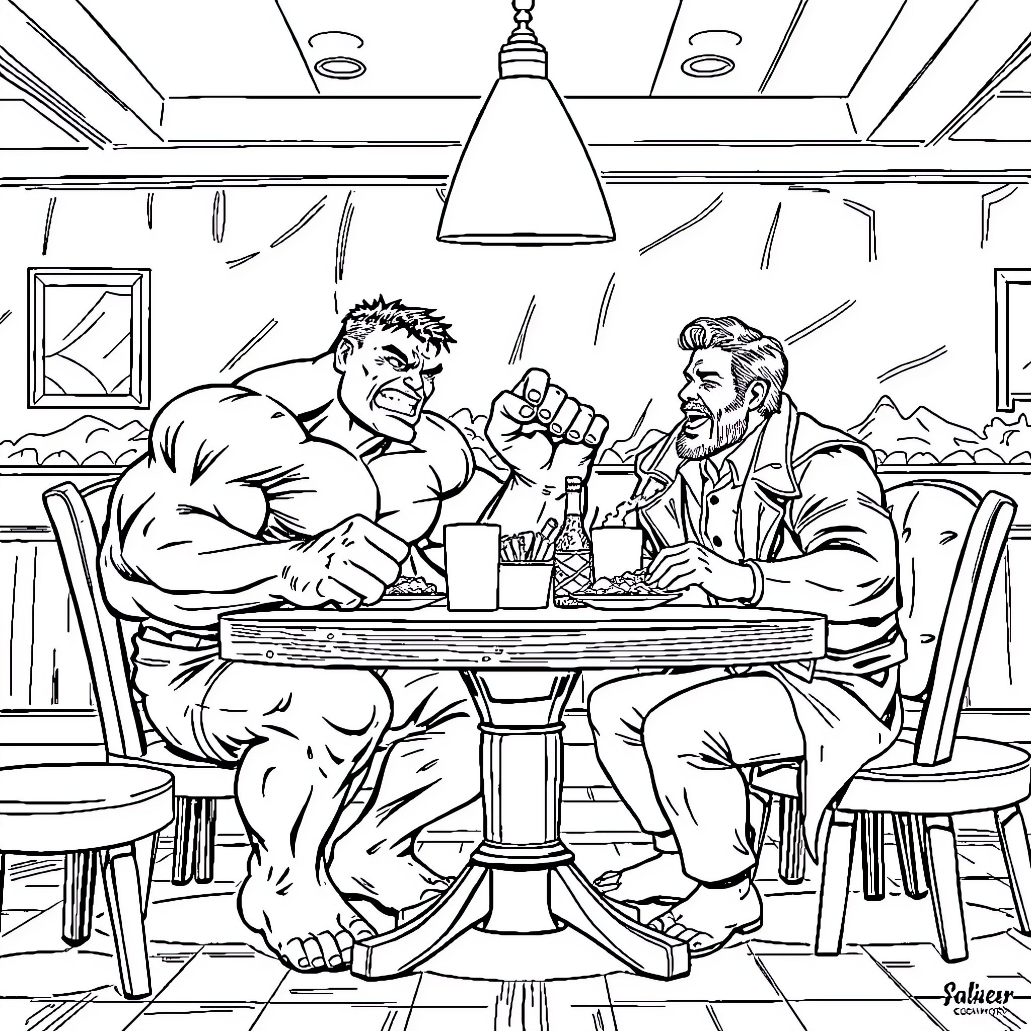 Hulk Enjoying Drinks with Friends at a Diner Coloring Page (free black-and-white line drawing printable PDF for all, from beginners to advanced learners, including children, teens, adults, and seniors)