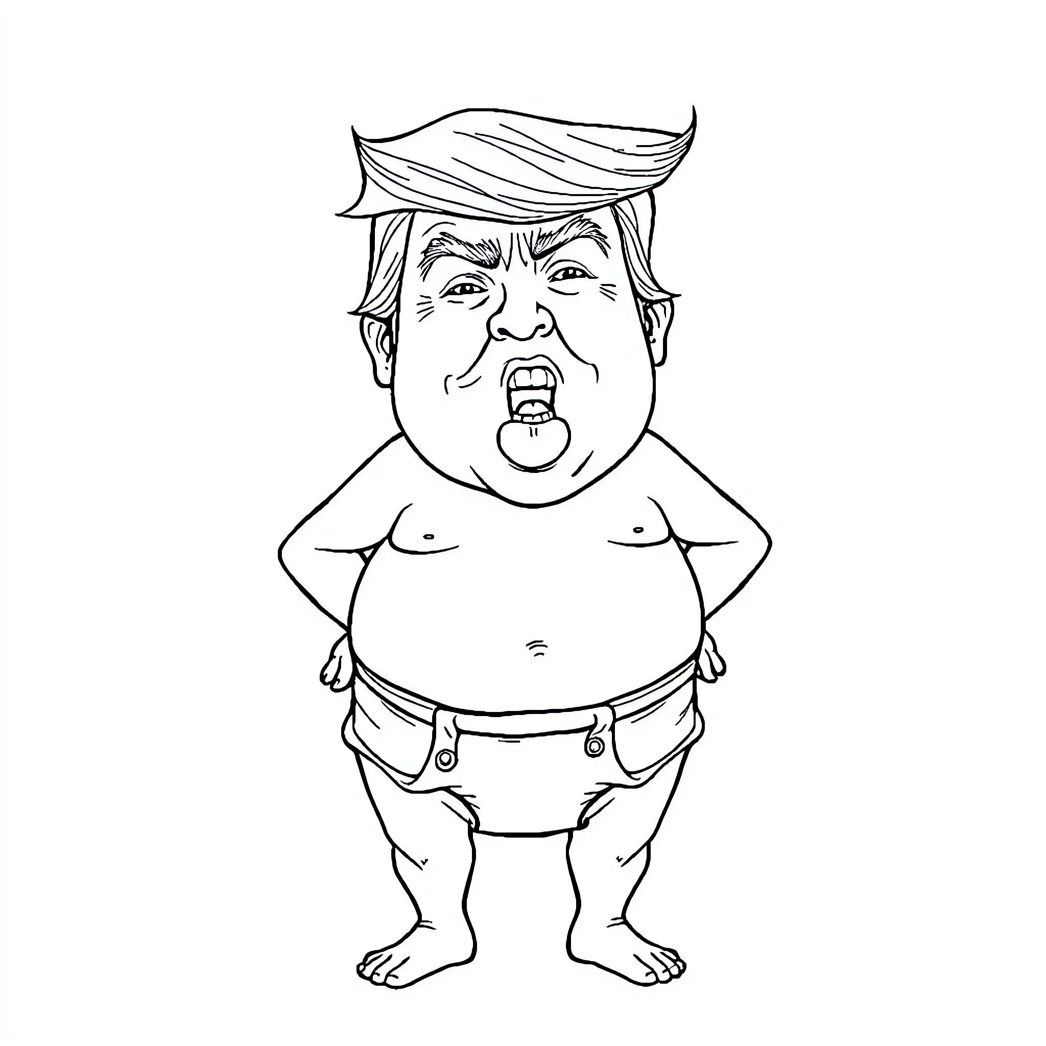 Trump's Angry Outburst in Childlike Attire Coloring Page (free black-and-white line drawing printable PDF for all, from beginners to advanced learners, including children, teens, adults, and seniors)