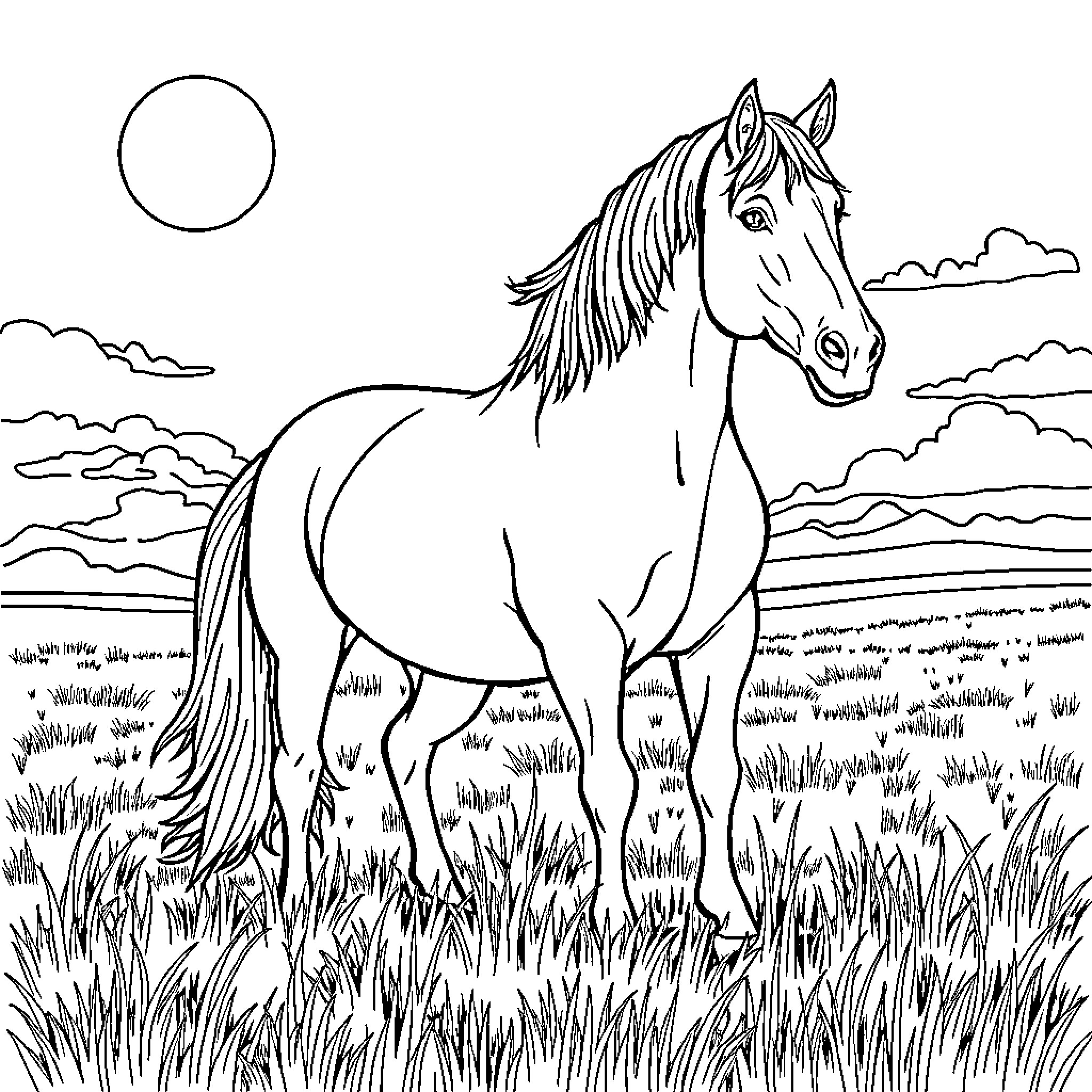 Horse standing in a peaceful meadow Coloring Page (free black-and-white line drawing printable PDF for all, from beginners to advanced learners, including children, teens, adults, and seniors)