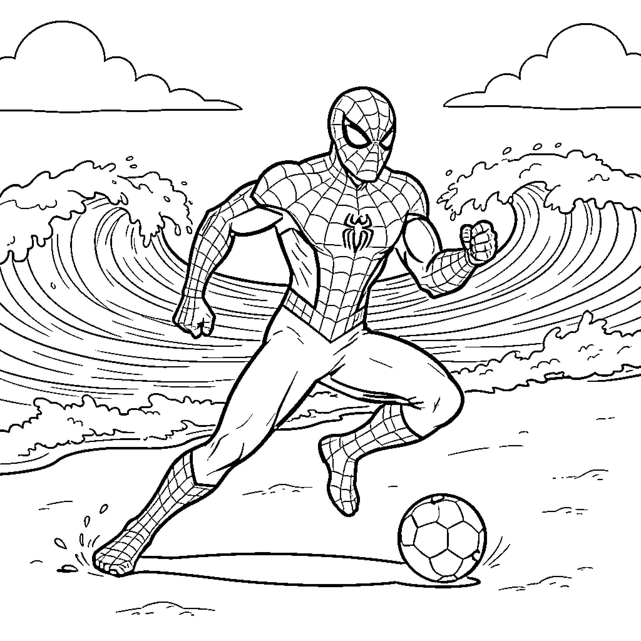 Spiderman playing soccer on a beach near waves Coloring Page (free black-and-white line drawing printable PDF for all, from beginners to advanced learners, including children, teens, adults, and seniors)