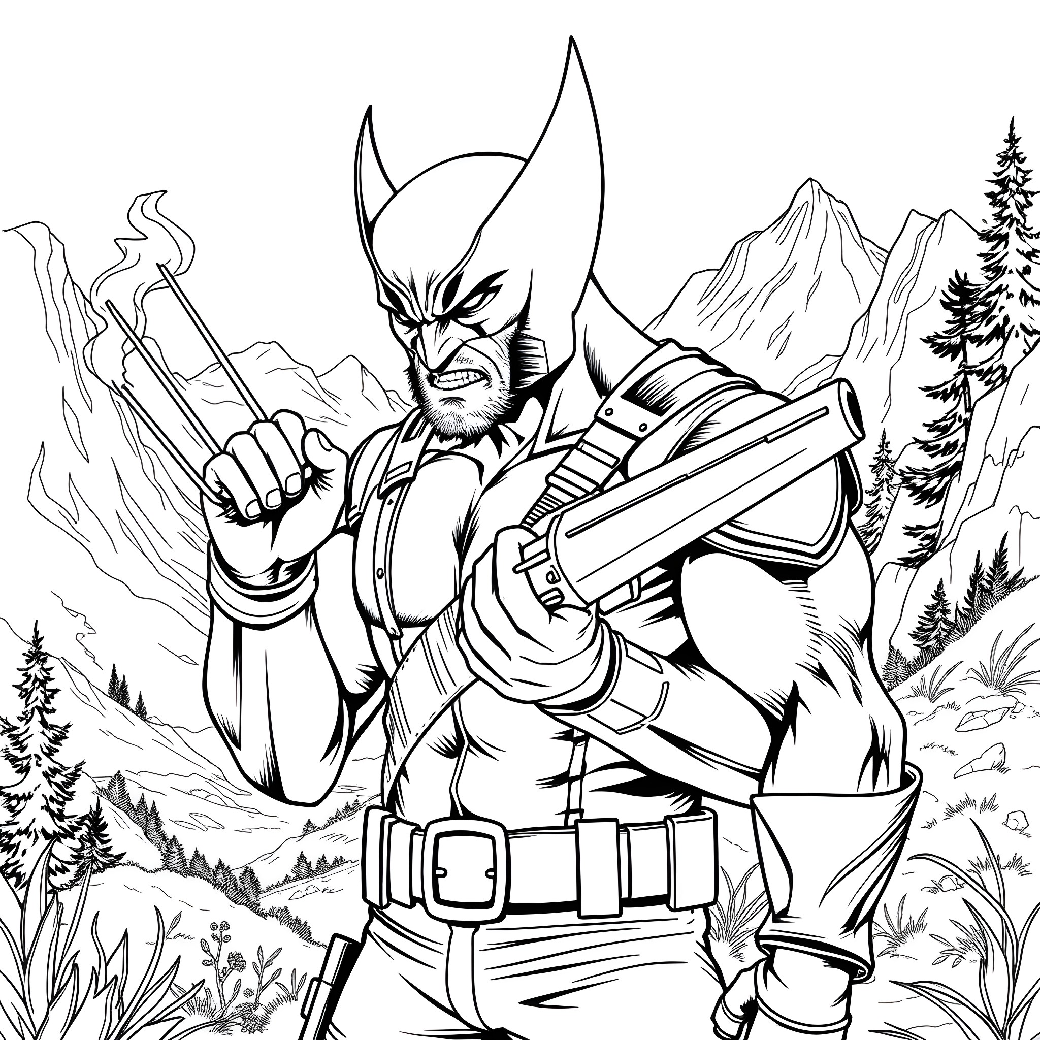 Wolverine Unleashing Claws in Rugged Mountain Wilderness Coloring Page (free black-and-white line drawing printable PDF for all, from beginners to advanced learners, including children, teens, adults, and seniors)