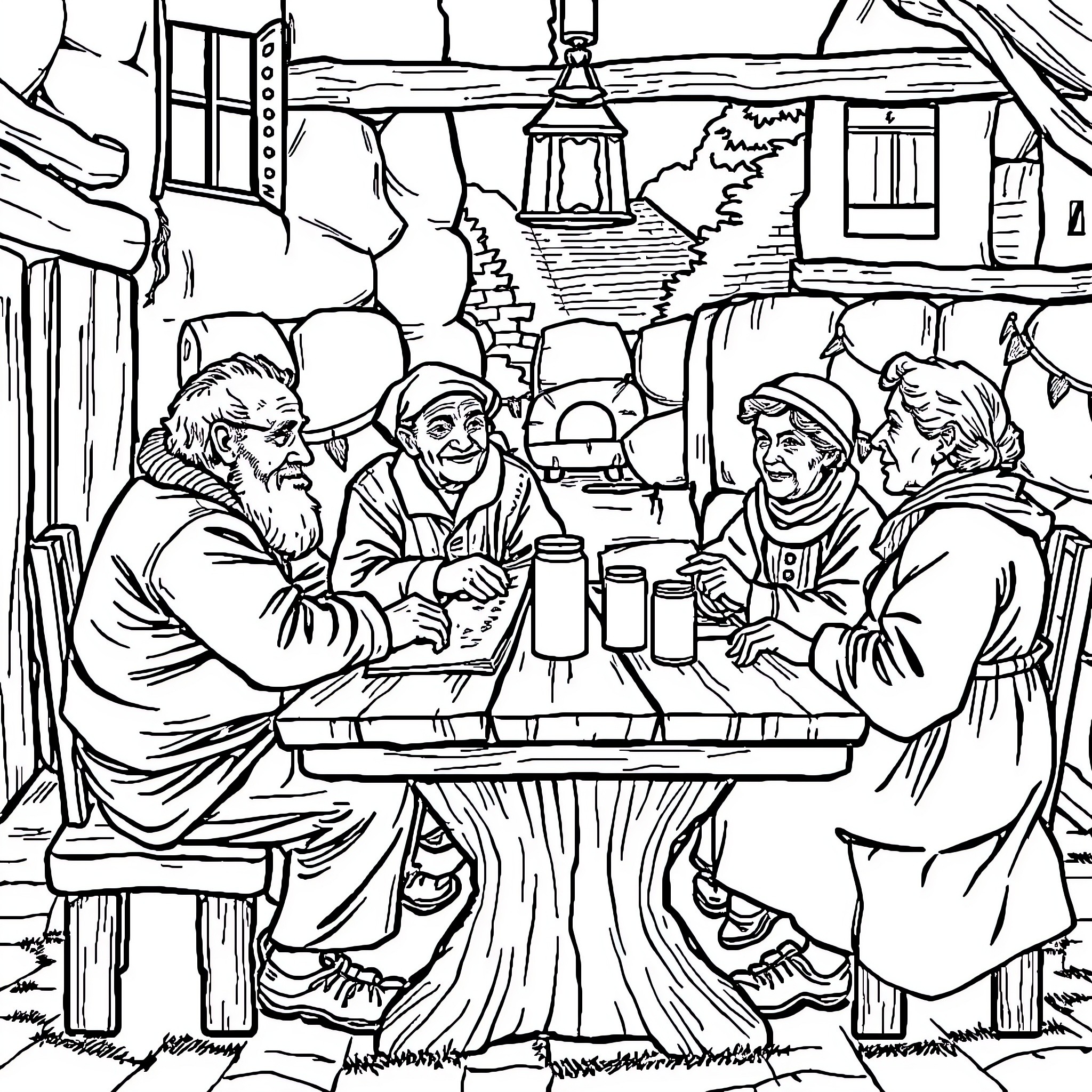 Personnages assis autour d'une table dans une taverne Coloring Page (free black-and-white line drawing printable PDF for all, from beginners to advanced learners, including children, teens, adults, and seniors)