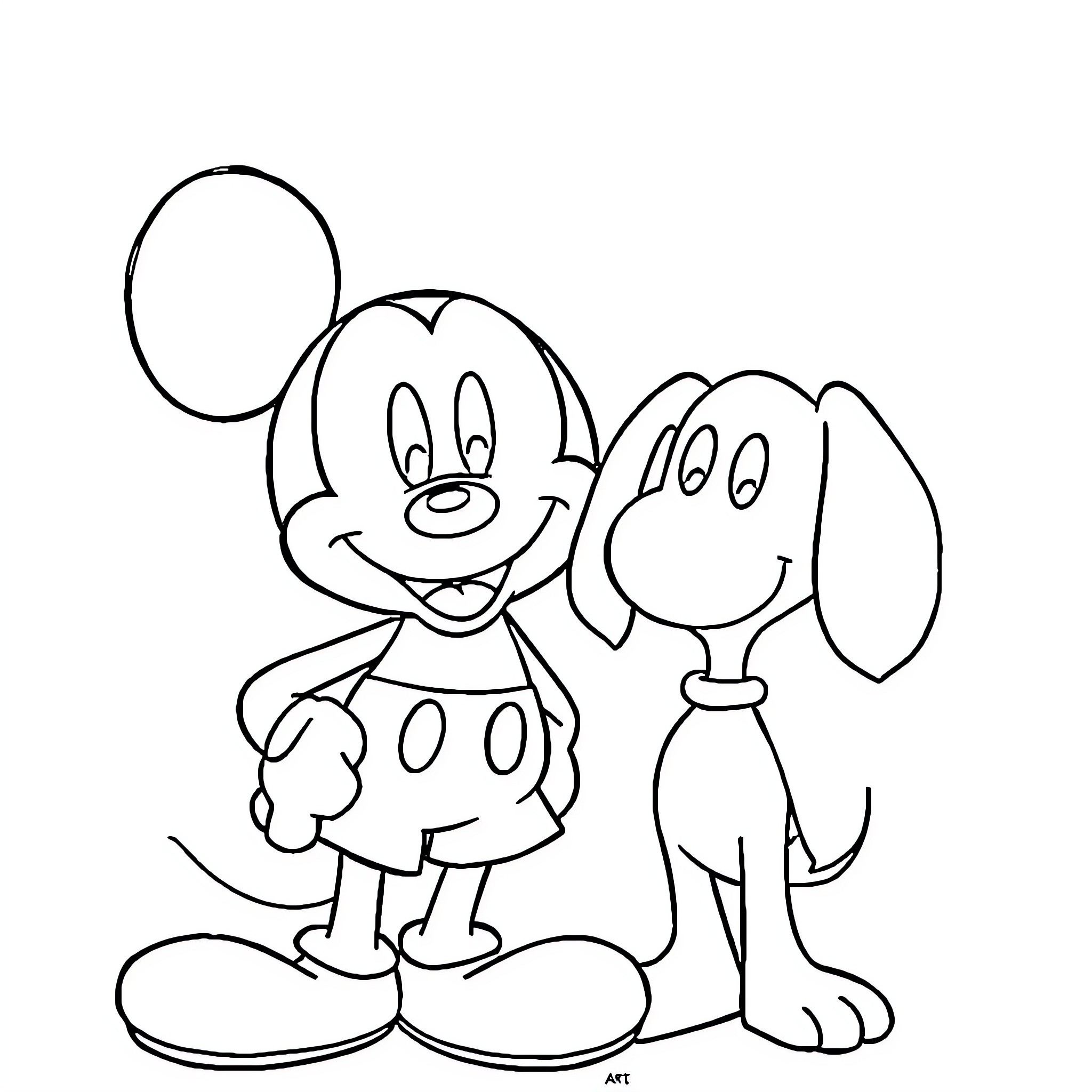Mickey Mouse and his Playful Companion Coloring Page (free black-and-white line drawing printable PDF for all, from beginners to advanced learners, including children, teens, adults, and seniors)