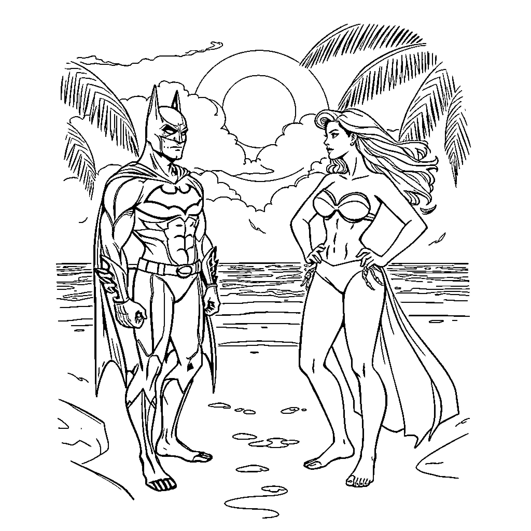 Batman and Superman on a tropical beach Coloring Page (free black-and-white line drawing printable PDF for all, from beginners to advanced learners, including children, teens, adults, and seniors)