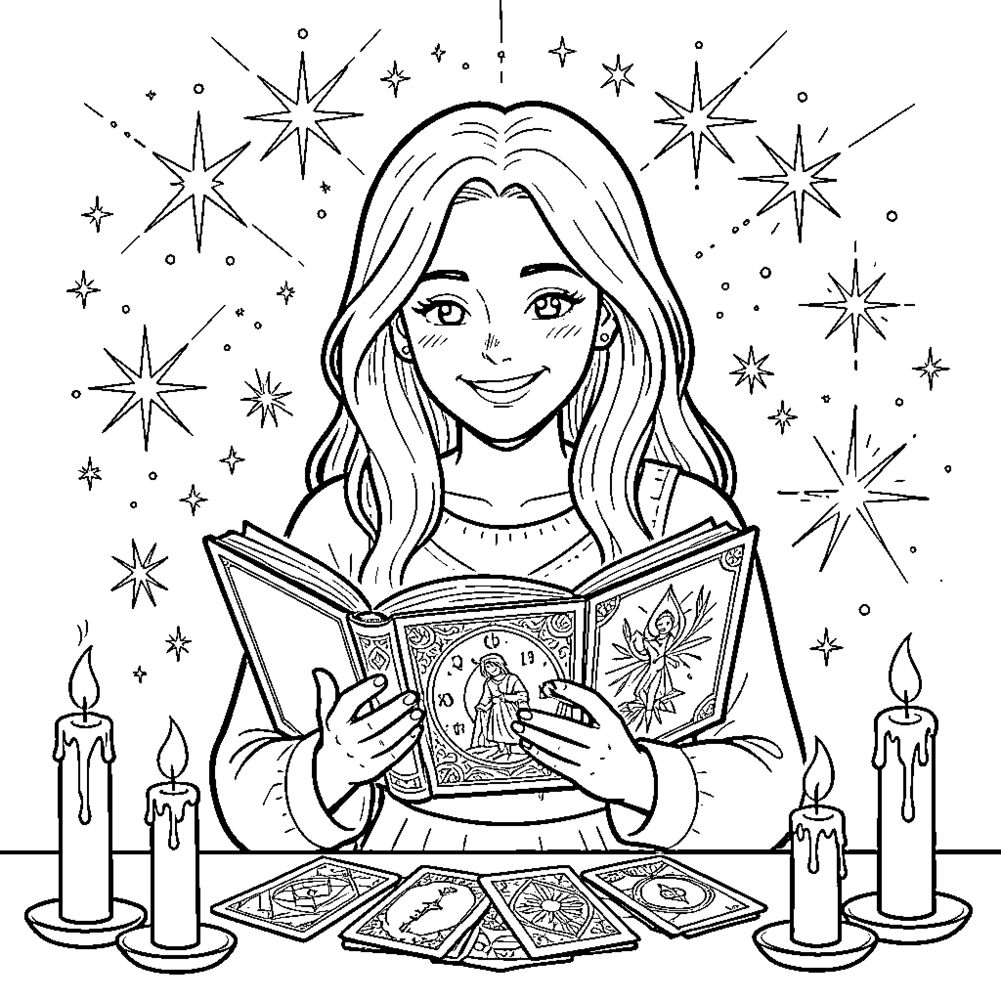 Woman reading magical book with candles Coloring Page (free black-and-white line drawing printable PDF for all, from beginners to advanced learners, including children, teens, adults, and seniors)