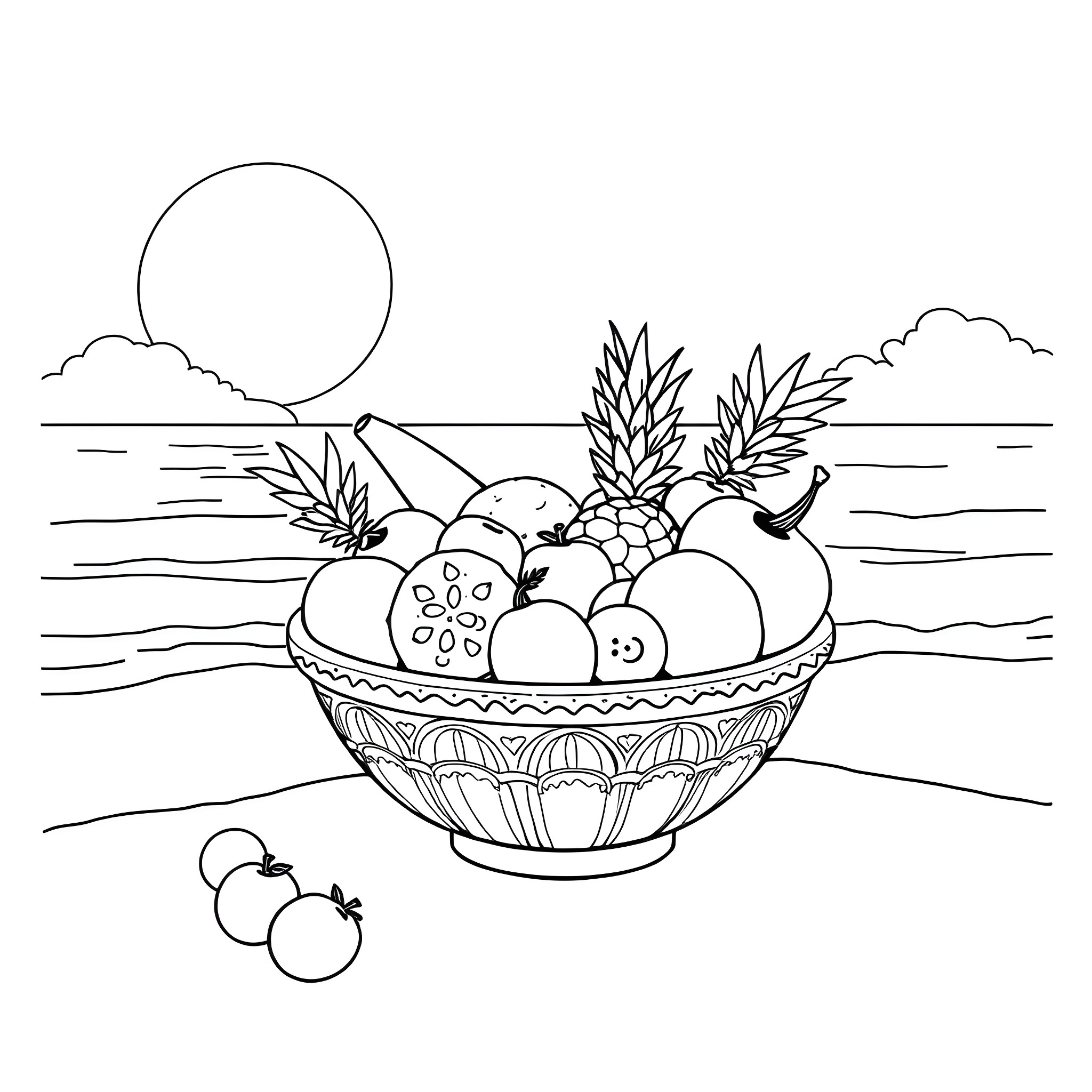 Fruit Bowl Filled with Tropical Delights Coloring Page (free black-and-white line drawing printable PDF for all, from beginners to advanced learners, including children, teens, adults, and seniors)