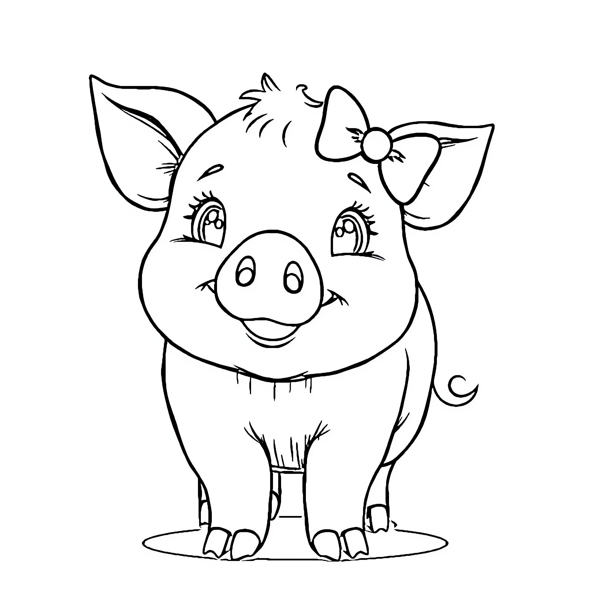 Pig with a bow enjoying the day Coloring Page (free black-and-white line drawing printable PDF for all, from beginners to advanced learners, including children, teens, adults, and seniors)