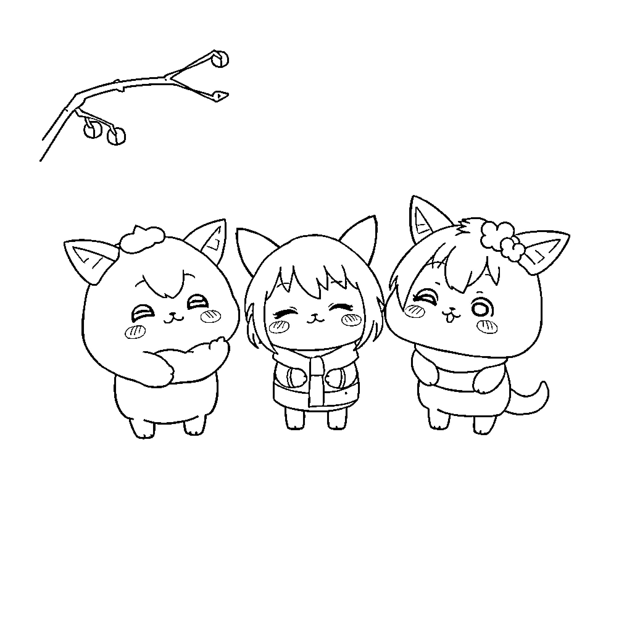 Mochi Cats Enjoying Whimsical Adventure Coloring Page (free black-and-white line drawing printable PDF for all, from beginners to advanced learners, including children, teens, adults, and seniors)