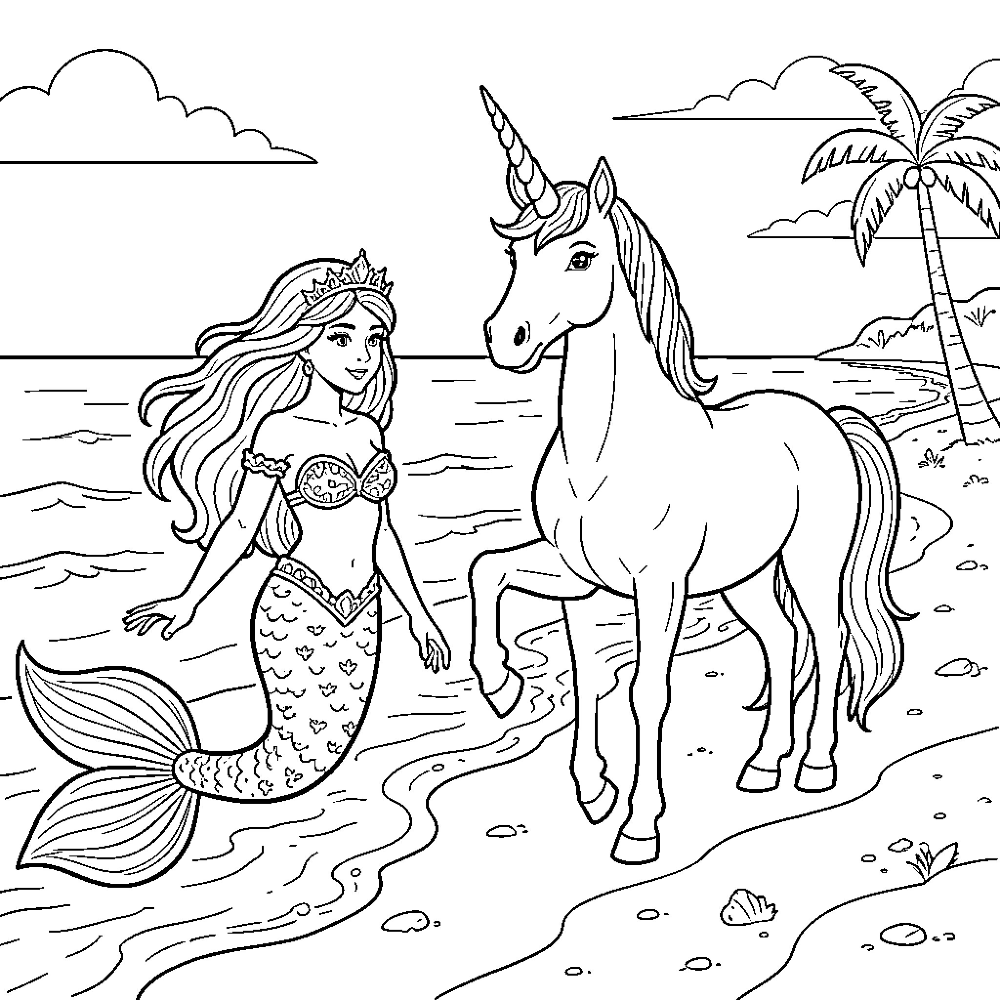 Mermaid smiling while meeting a unicorn on the beach Coloring Page (free black-and-white line drawing printable PDF for all, from beginners to advanced learners, including children, teens, adults, and seniors)