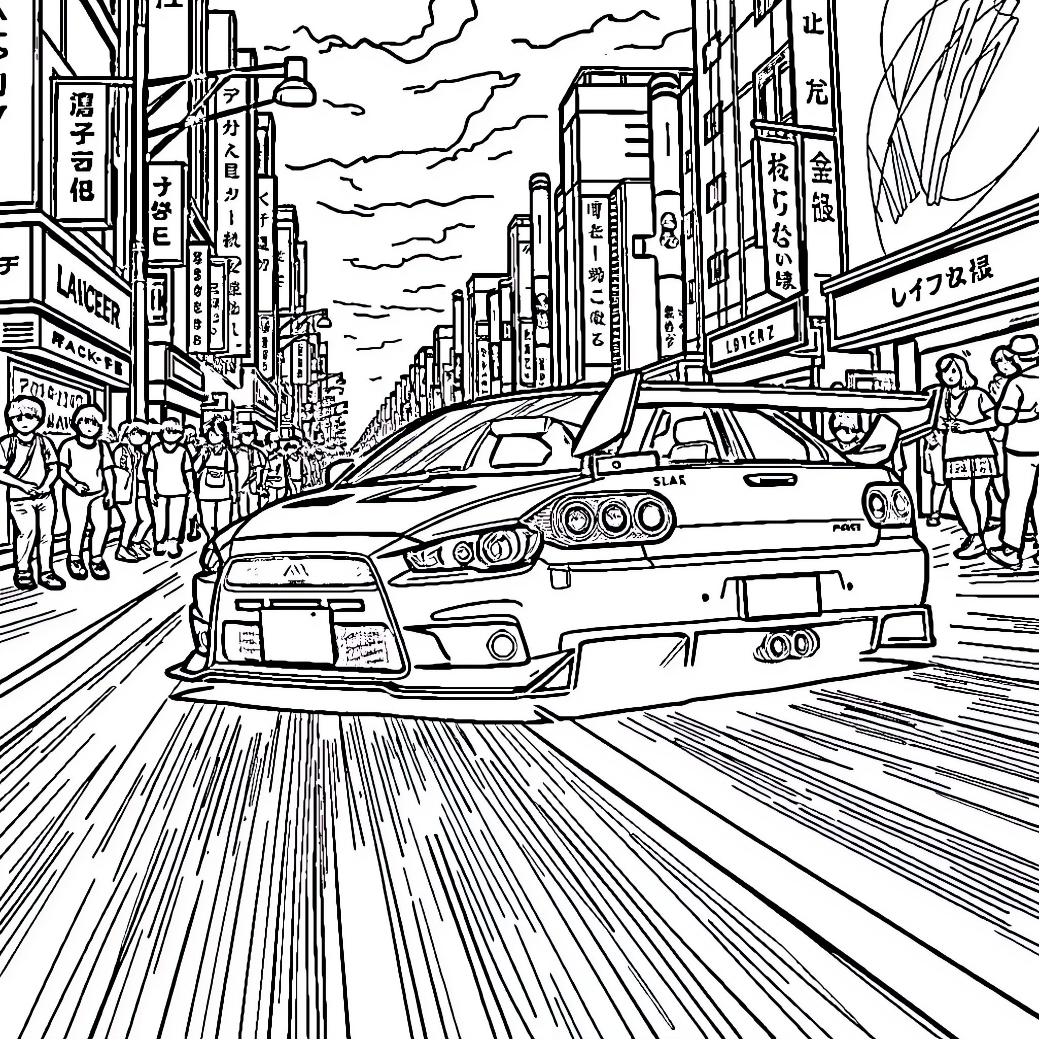 Lancer racing through the bustling city streets Coloring Page (free black-and-white line drawing printable PDF for all, from beginners to advanced learners, including children, teens, adults, and seniors)