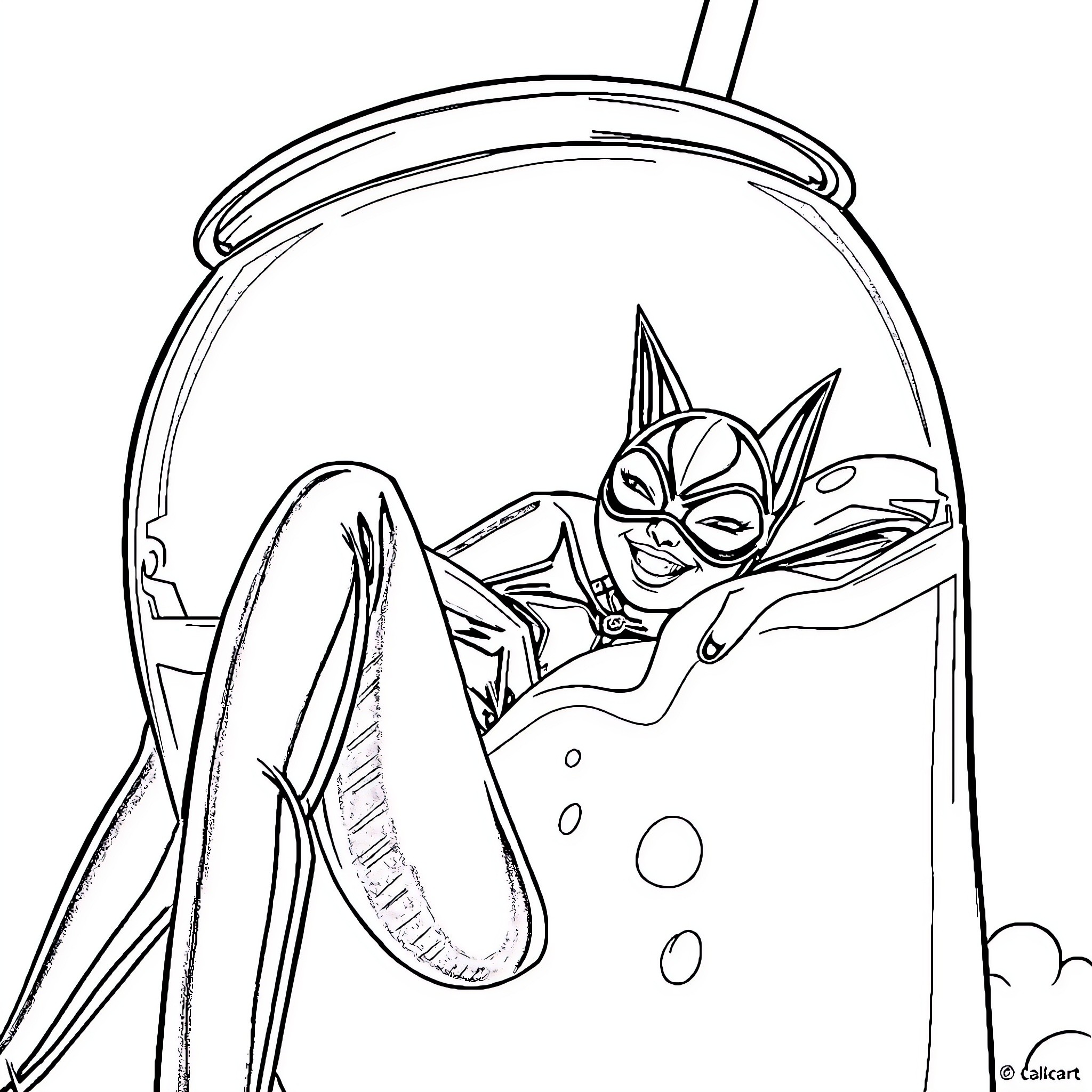 Catwoman relaxing in a bubble bath Coloring Page (free black-and-white line drawing printable PDF for all, from beginners to advanced learners, including children, teens, adults, and seniors)