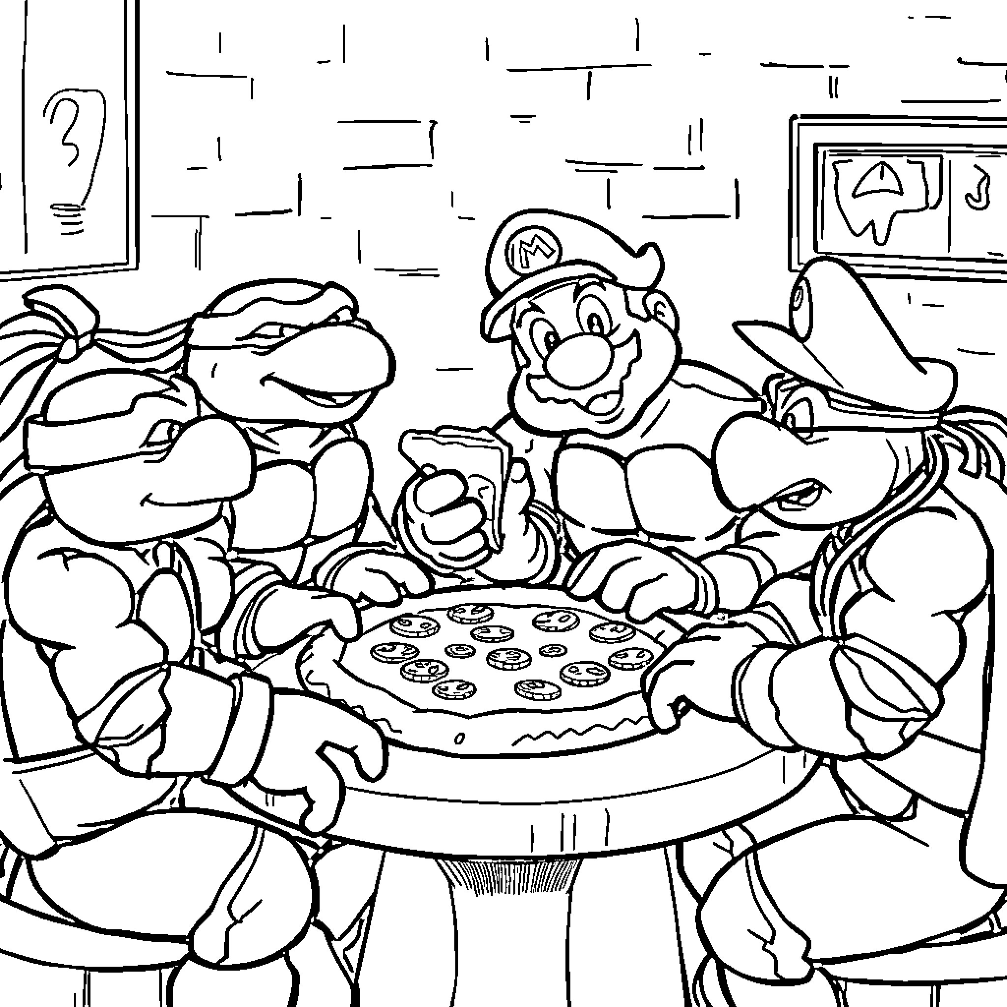 Teenage Mutant Ninja Turtles enjoying a pizza party Coloring Page (free black-and-white line drawing printable PDF for all, from beginners to advanced learners, including children, teens, adults, and seniors)