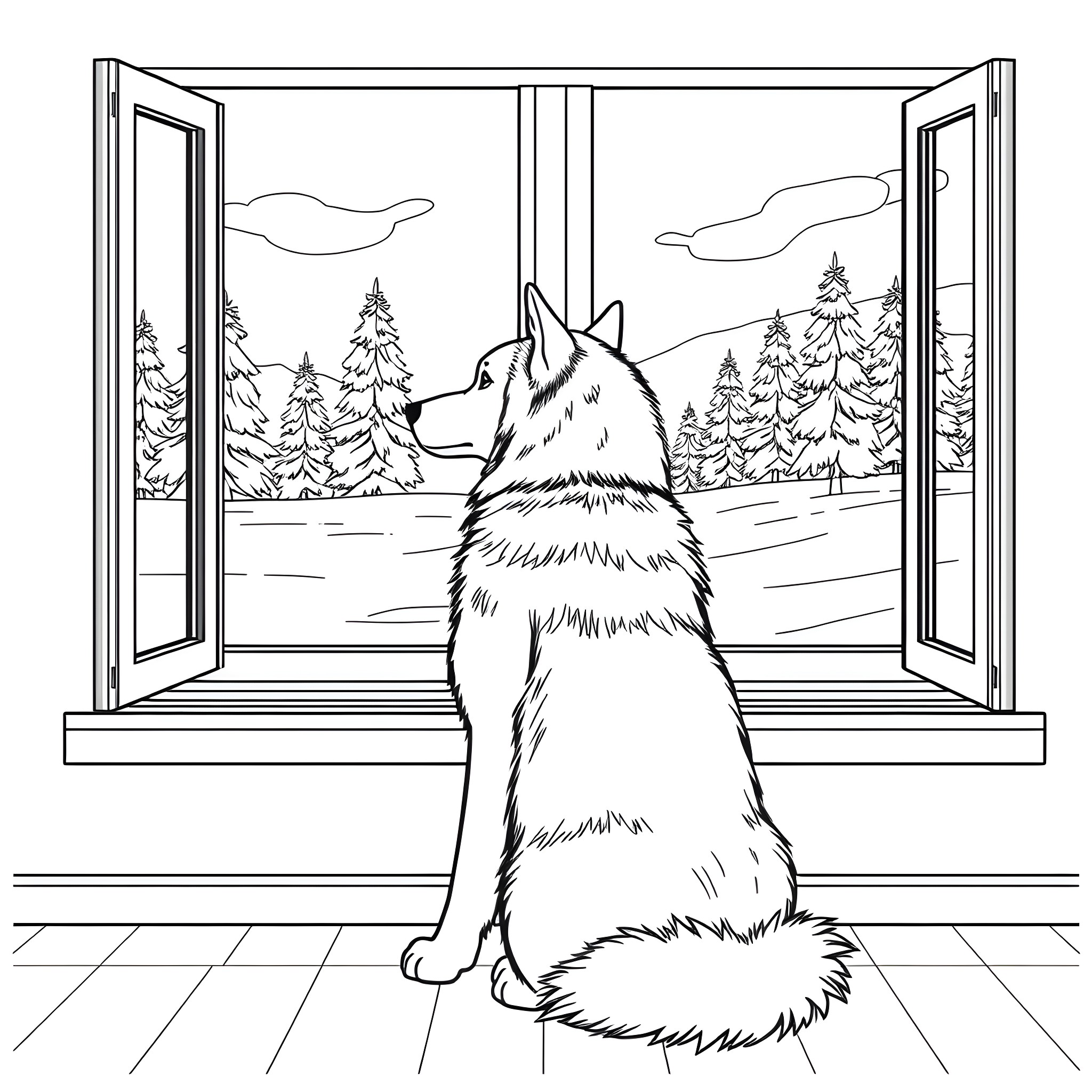 Alaskan Malamute enjoying the view through the window Coloring Page (free black-and-white line drawing printable PDF for all, from beginners to advanced learners, including children, teens, adults, and seniors)