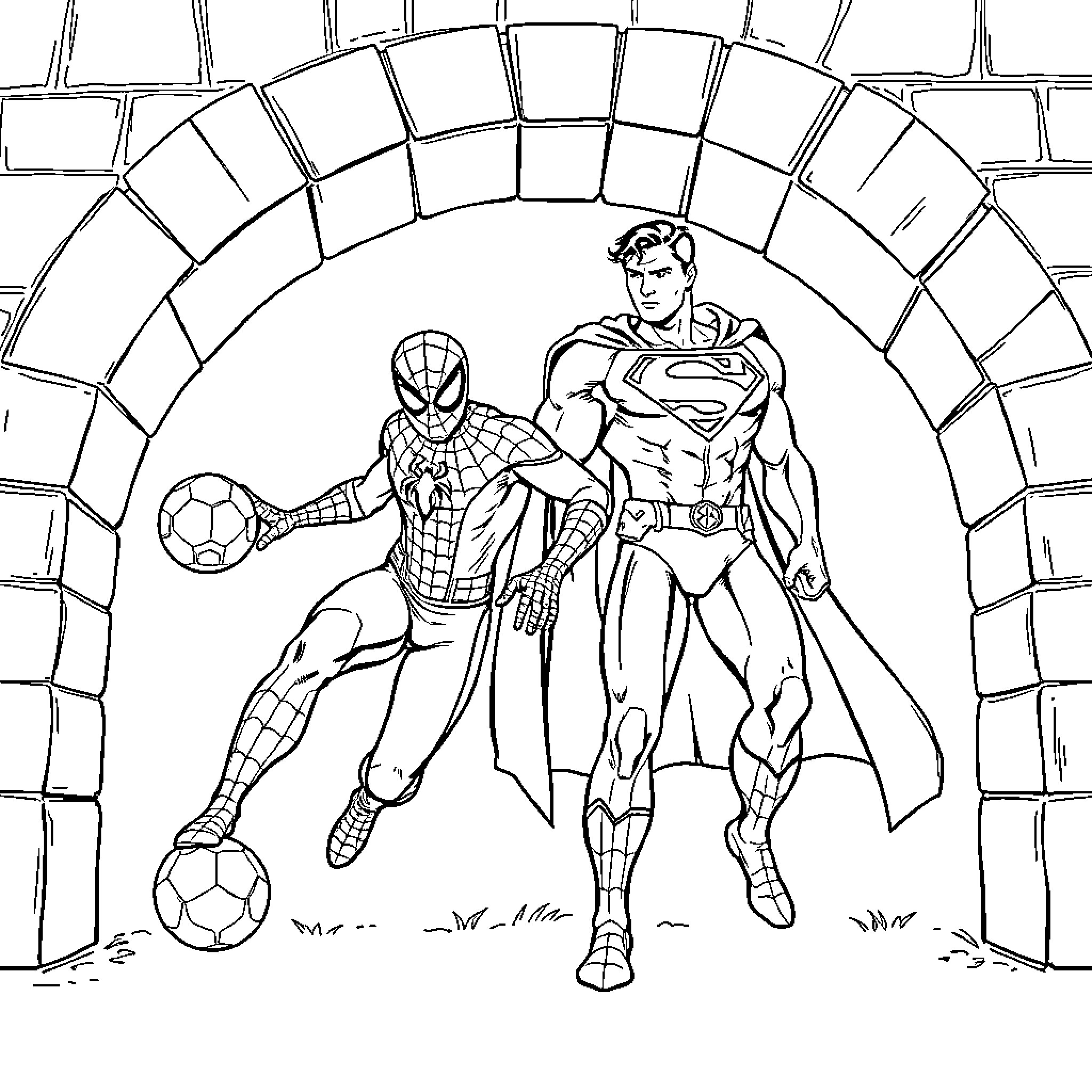 Spiderman and Superman playing soccer together Coloring Page (free black-and-white line drawing printable PDF for all, from beginners to advanced learners, including children, teens, adults, and seniors)