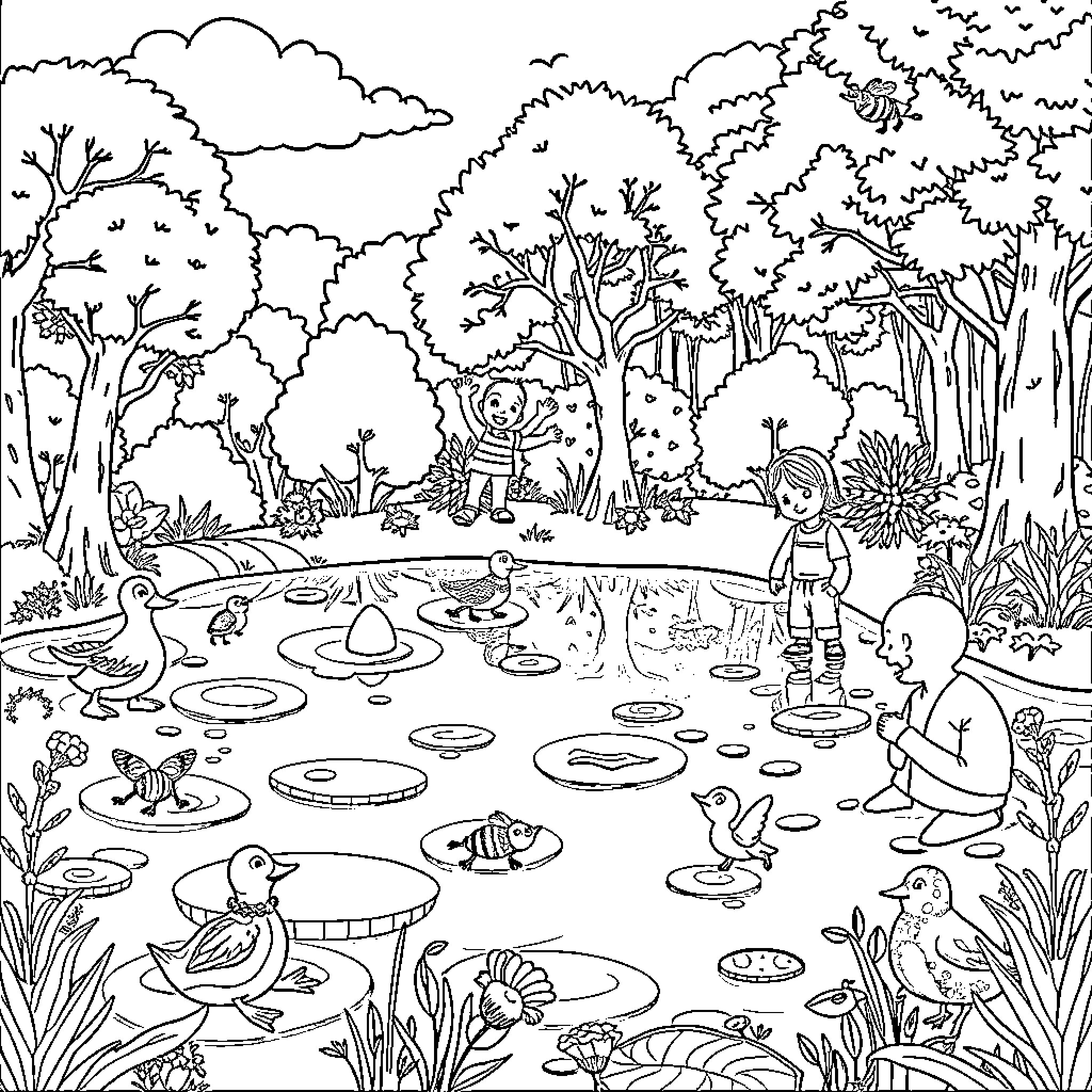 Pond scene with children and animals in the forest Coloring Page (free black-and-white line drawing printable PDF for all, from beginners to advanced learners, including children, teens, adults, and seniors)
