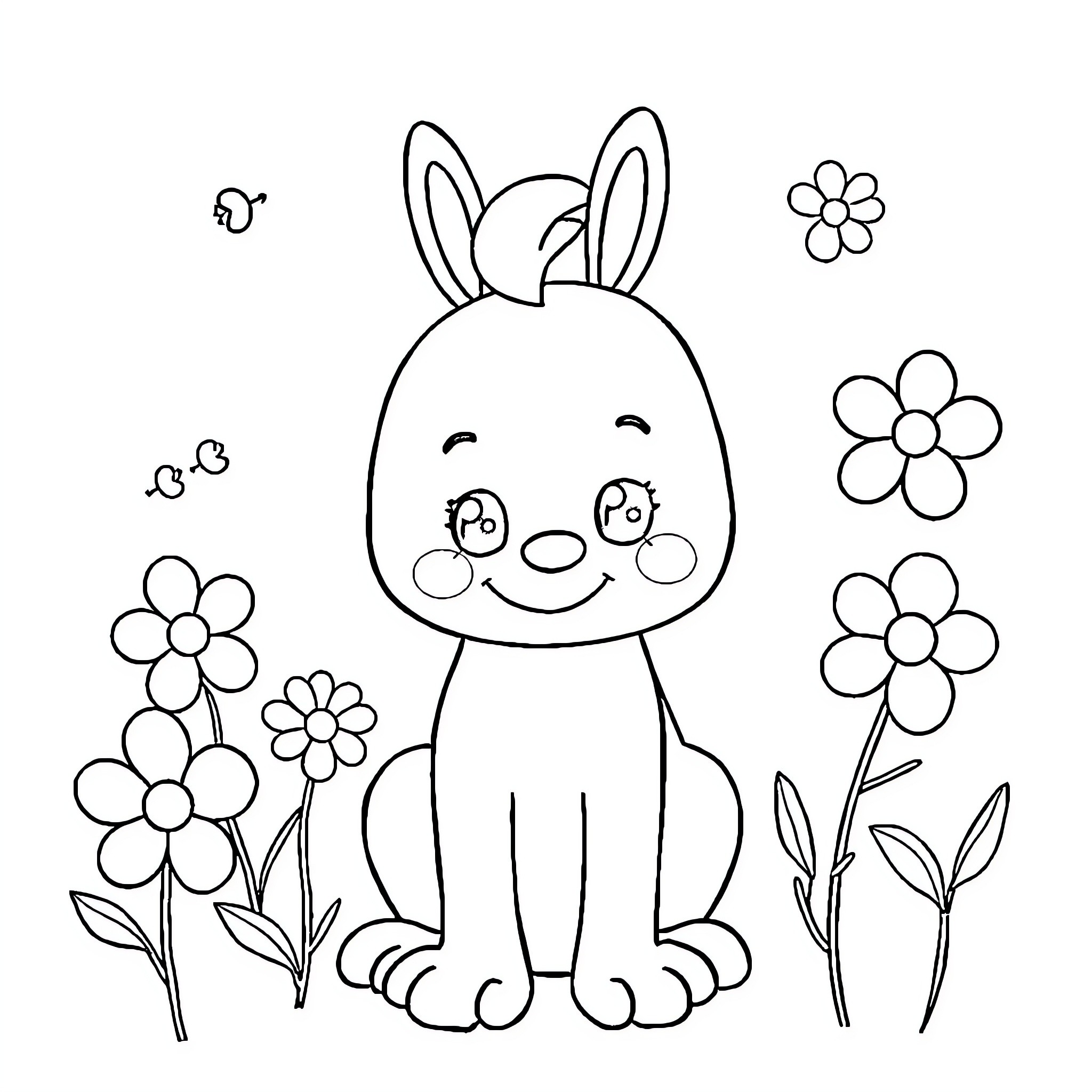 Art of a Smiling Rabbit Surrounded by Flowers Coloring Page (free black-and-white line drawing printable PDF for all, from beginners to advanced learners, including children, teens, adults, and seniors)