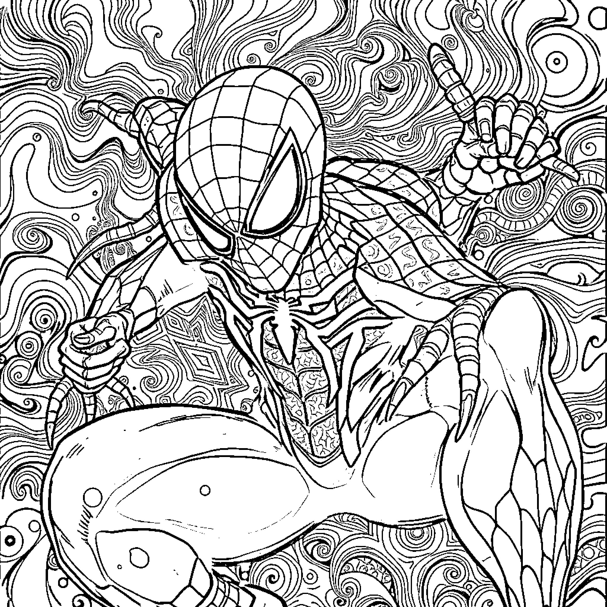 Spiderman in action-packed fantasy scene Coloring Page (free black-and-white line drawing printable PDF for all, from beginners to advanced learners, including children, teens, adults, and seniors)