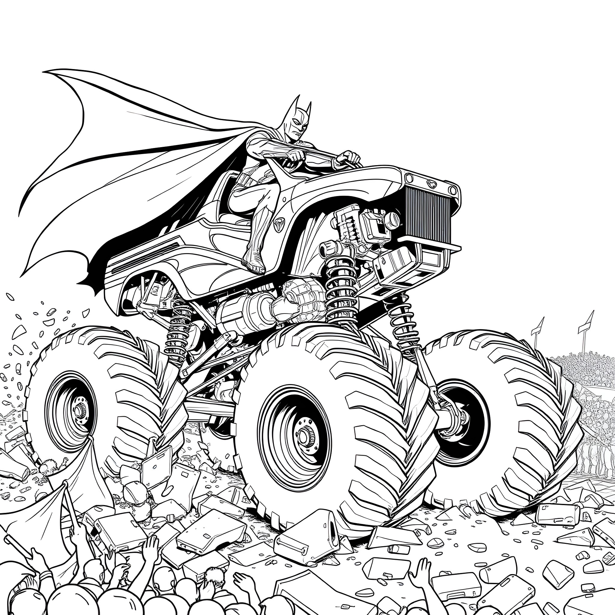 Batman Driving a Monstrous Offroad Vehicle Coloring Page (free black-and-white line drawing printable PDF for all, from beginners to advanced learners, including children, teens, adults, and seniors)