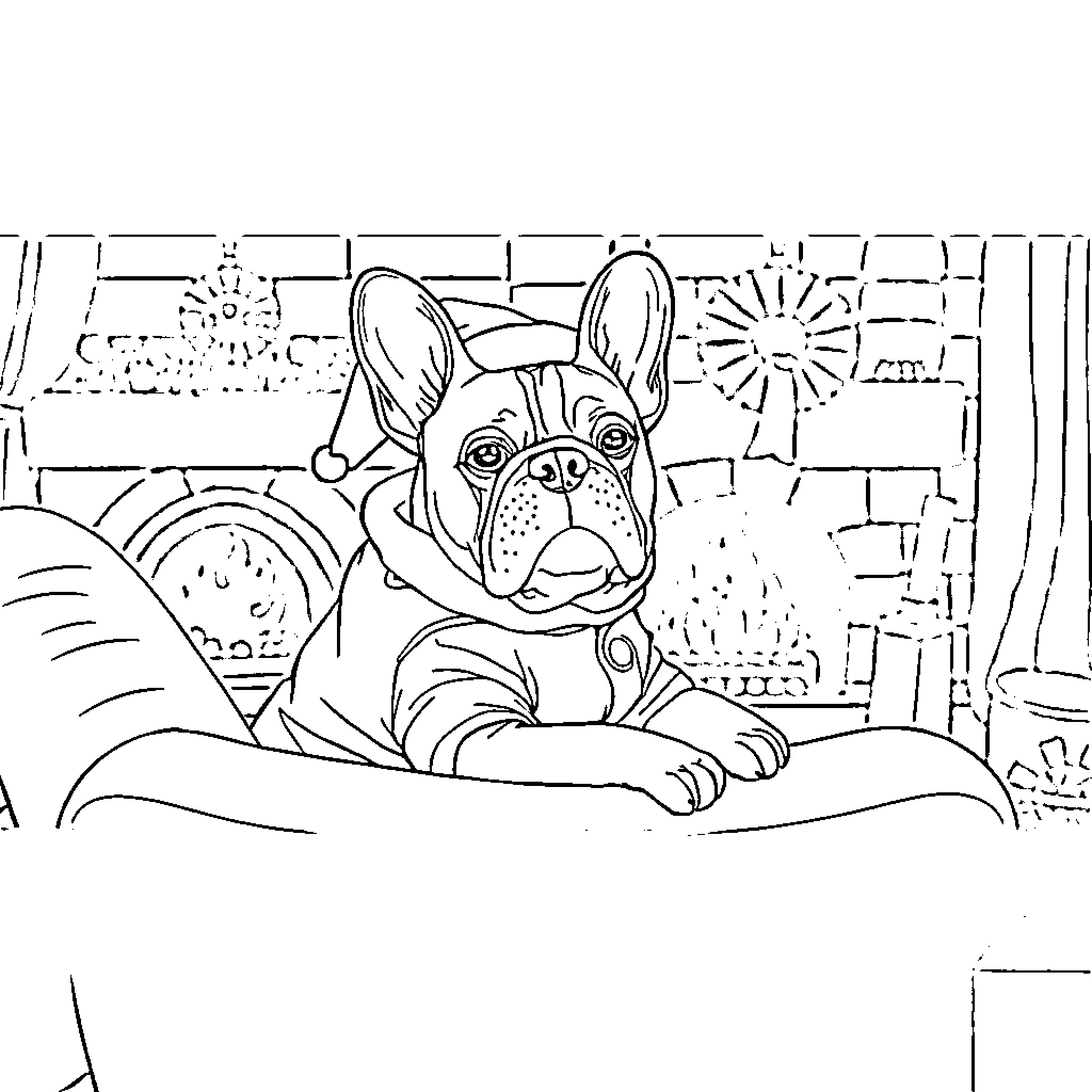 Bulldog relaxing in a decorative setting Coloring Page (free black-and-white line drawing printable PDF for all, from beginners to advanced learners, including children, teens, adults, and seniors)
