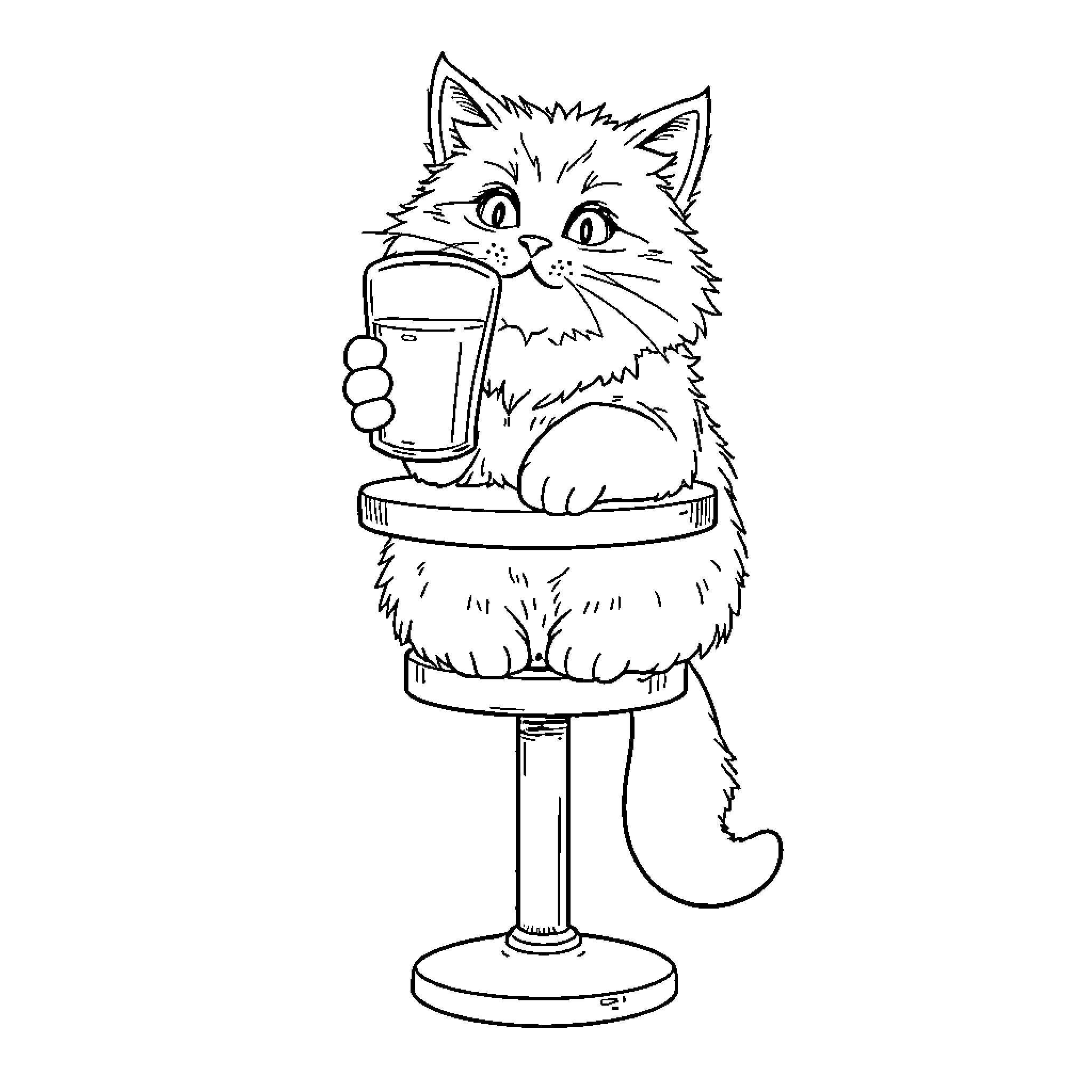 Cat enjoying a refreshing drink on a stool Coloring Page (free black-and-white line drawing printable PDF for all, from beginners to advanced learners, including children, teens, adults, and seniors)