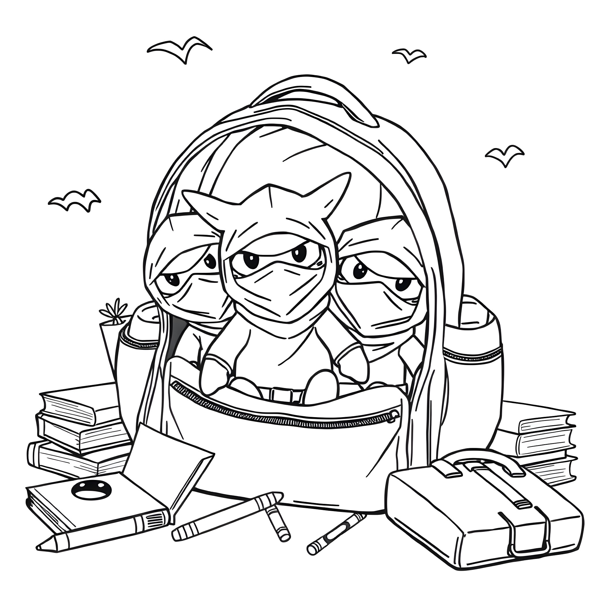 Ninja Cats Preparing for Covert Operation Coloring Page (free black-and-white line drawing printable PDF for all, from beginners to advanced learners, including children, teens, adults, and seniors)