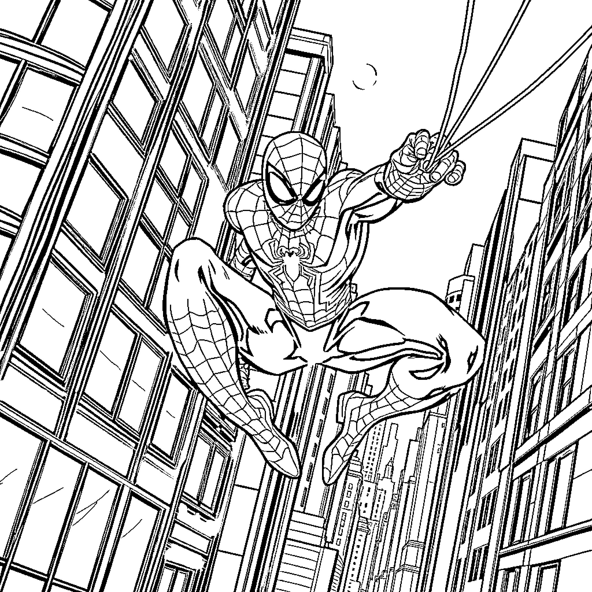 Spiderman swinging through the city skyline Coloring Page (free black-and-white line drawing printable PDF for all, from beginners to advanced learners, including children, teens, adults, and seniors)