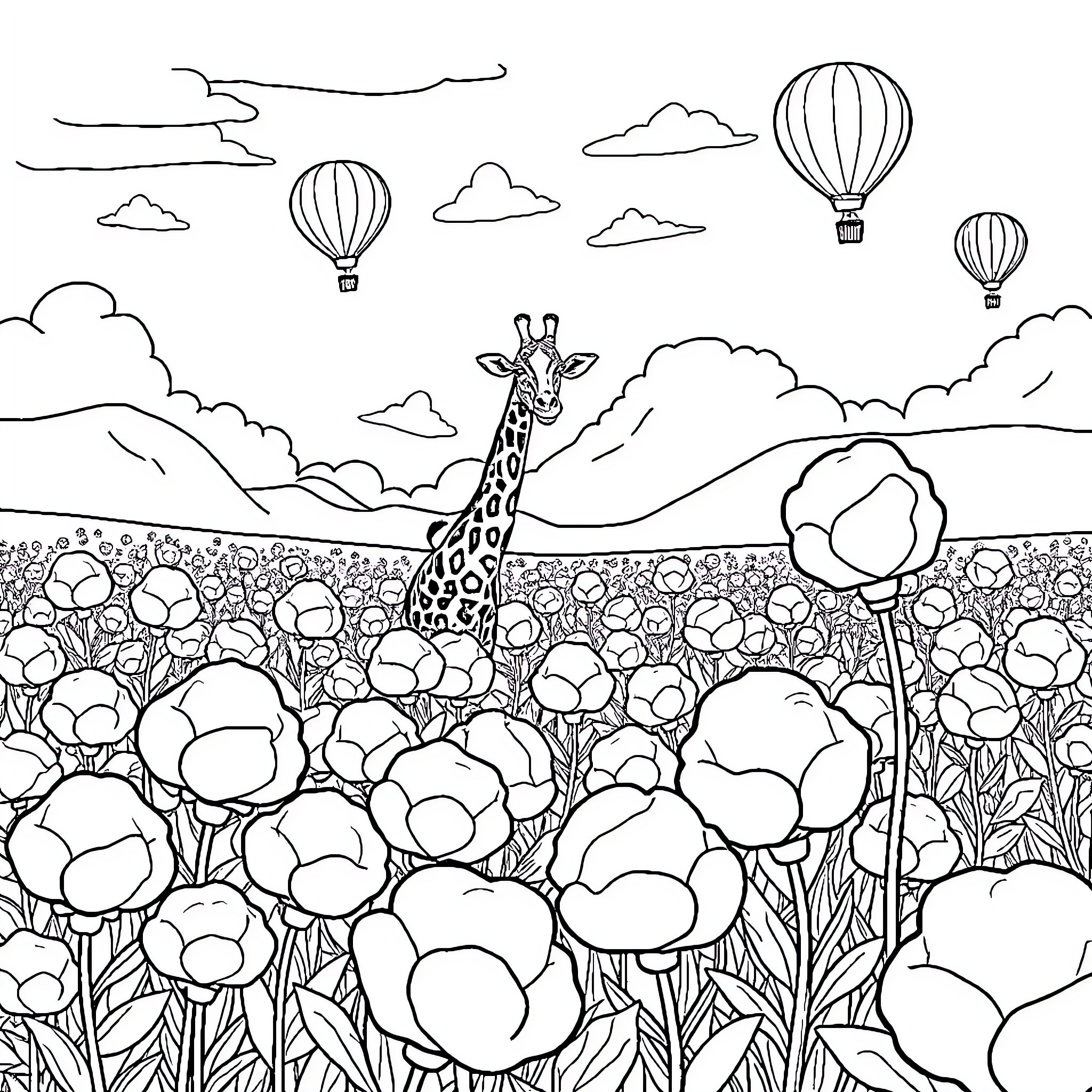 Giraffe surrounded by flowers and hot air balloons Coloring Page (free black-and-white line drawing printable PDF for all, from beginners to advanced learners, including children, teens, adults, and seniors)