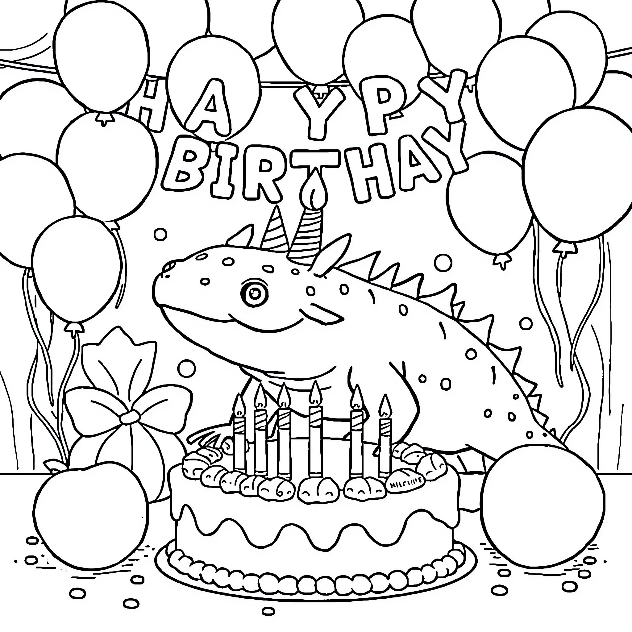 Axolotl's Happy Birthday Celebration Coloring Page (free black-and-white line drawing printable PDF for all, from beginners to advanced learners, including children, teens, adults, and seniors)