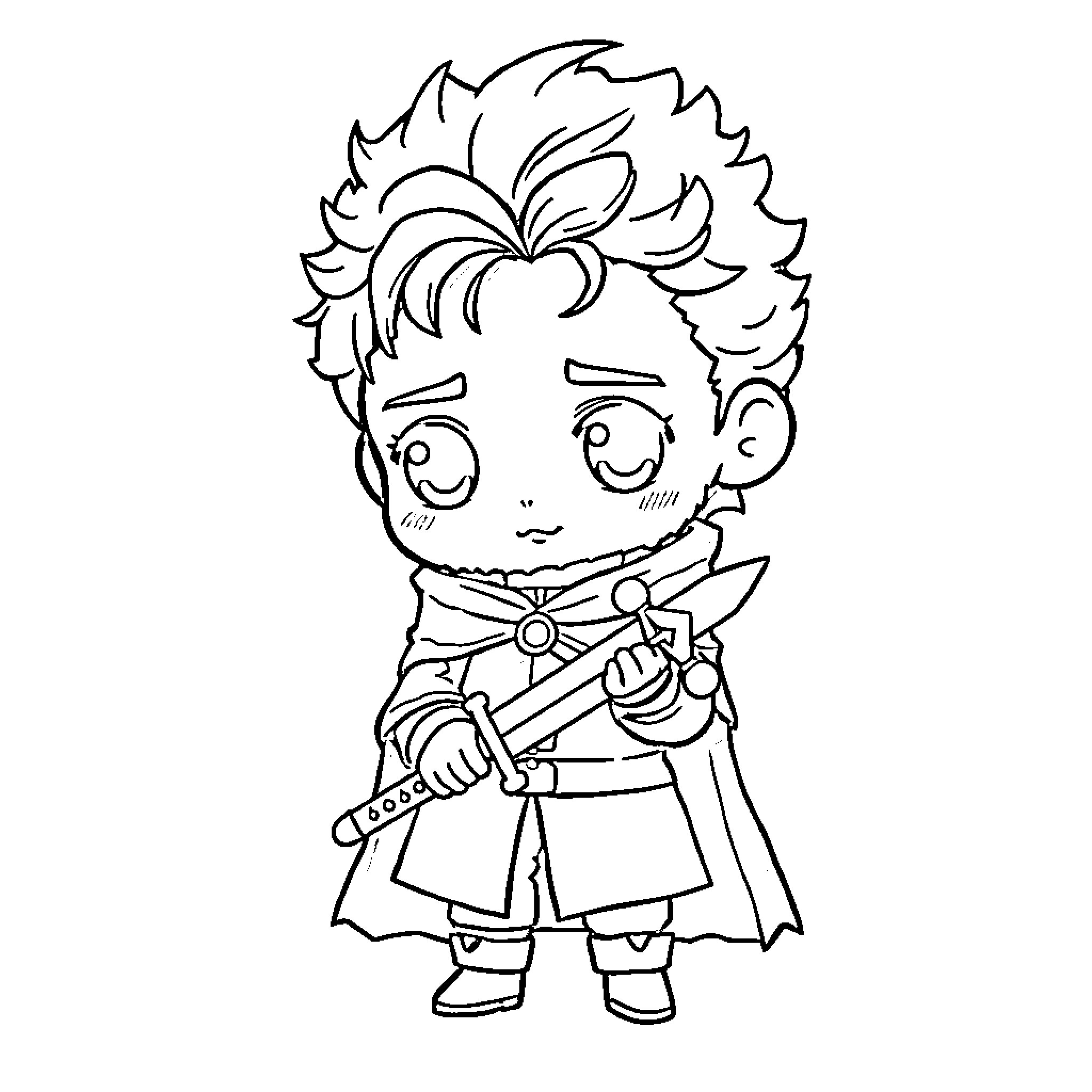 Jon Snow in heroic pose with sword Coloring Page (free black-and-white line drawing printable PDF for all, from beginners to advanced learners, including children, teens, adults, and seniors)