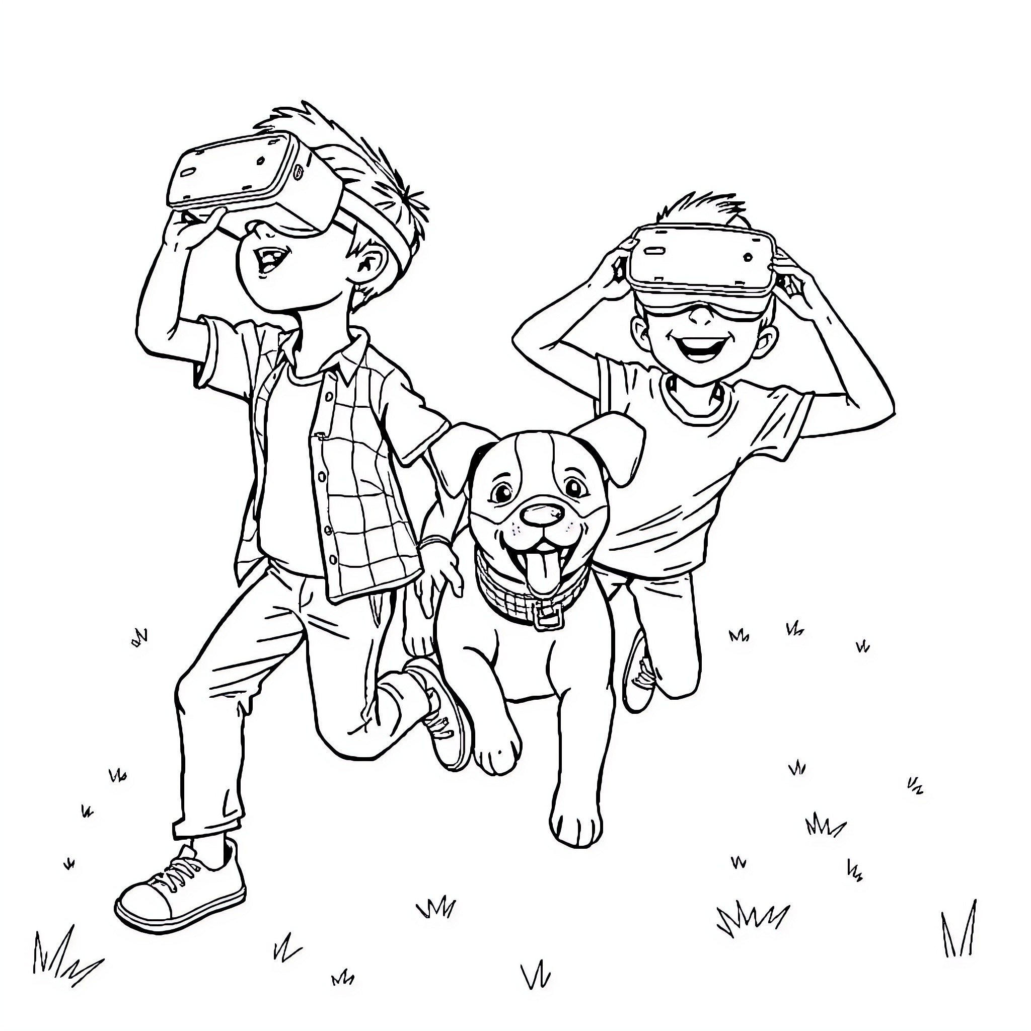 Boys enjoying virtual reality experience with dog Coloring Page (free black-and-white line drawing printable PDF for all, from beginners to advanced learners, including children, teens, adults, and seniors)